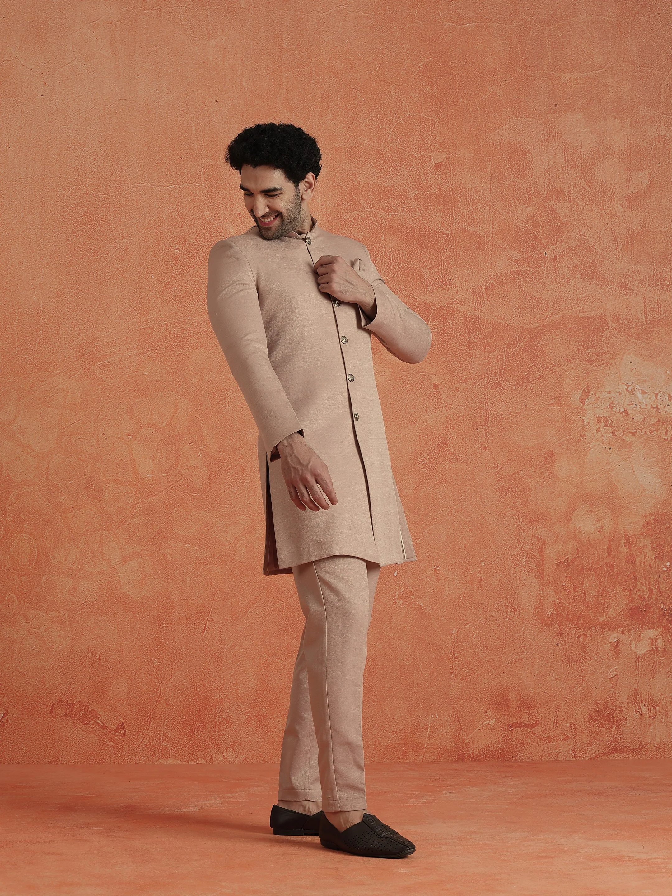 Blush Pink Polyviscose Solid Sherwani Trouser Set - Image 3