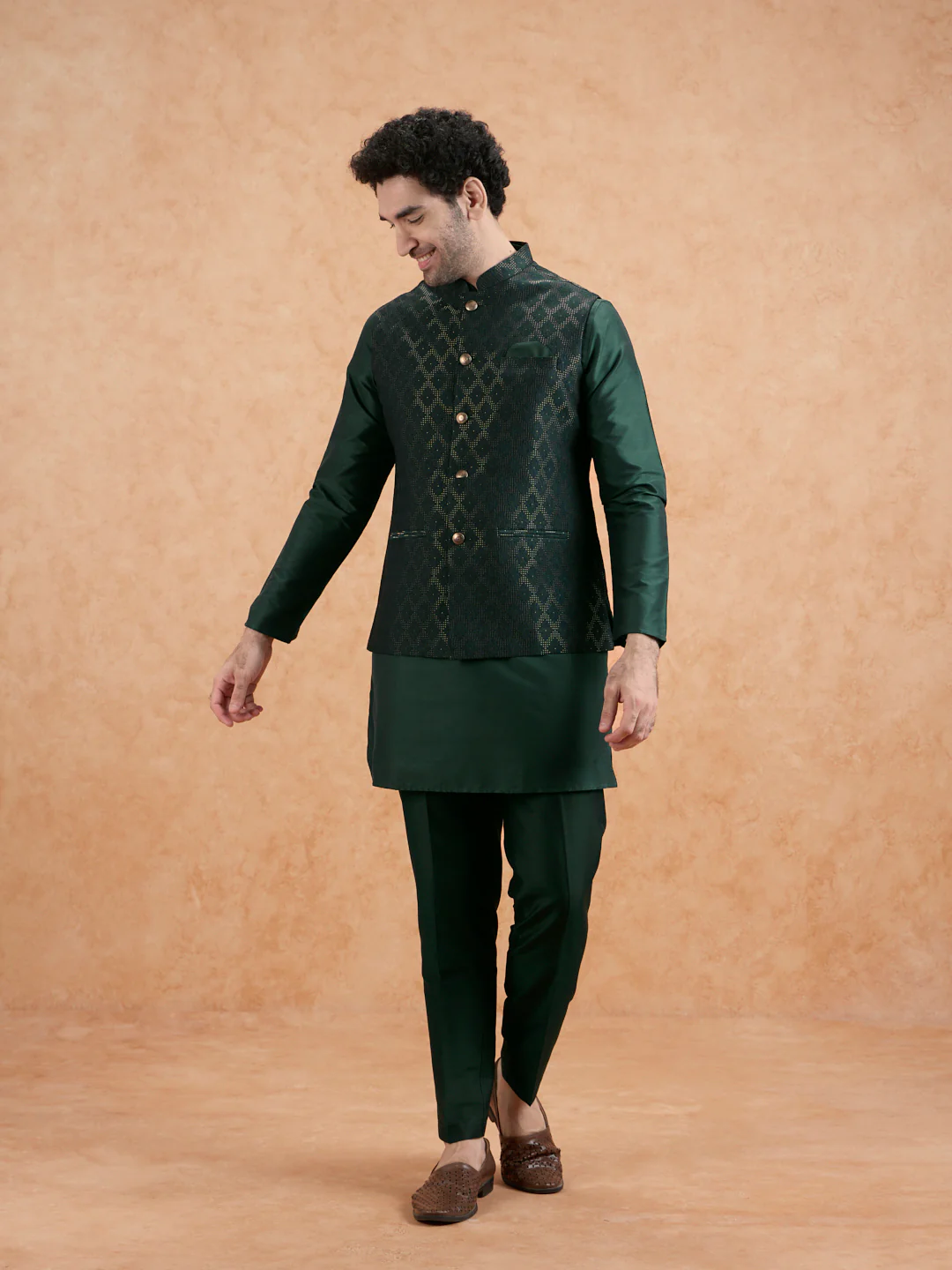 Bottle Green Silk Blend Textured Mid Kurta Jacket Trouser Set - Image 8