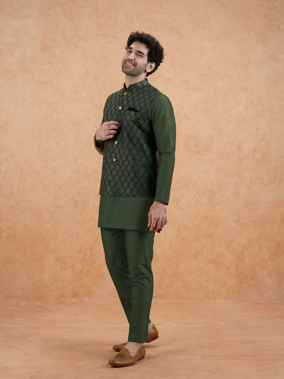 Bottle Green Silk Blend Textured Mid Kurta Jacket Trouser Set - Image 2