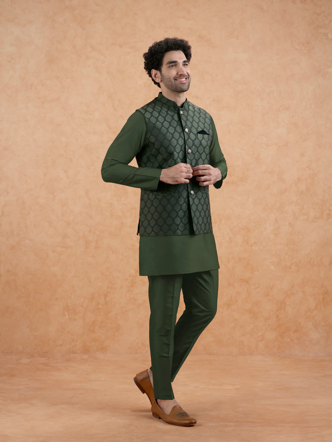 Bottle Green Silk Blend Textured Mid Kurta Jacket Trouser Set - Image 3