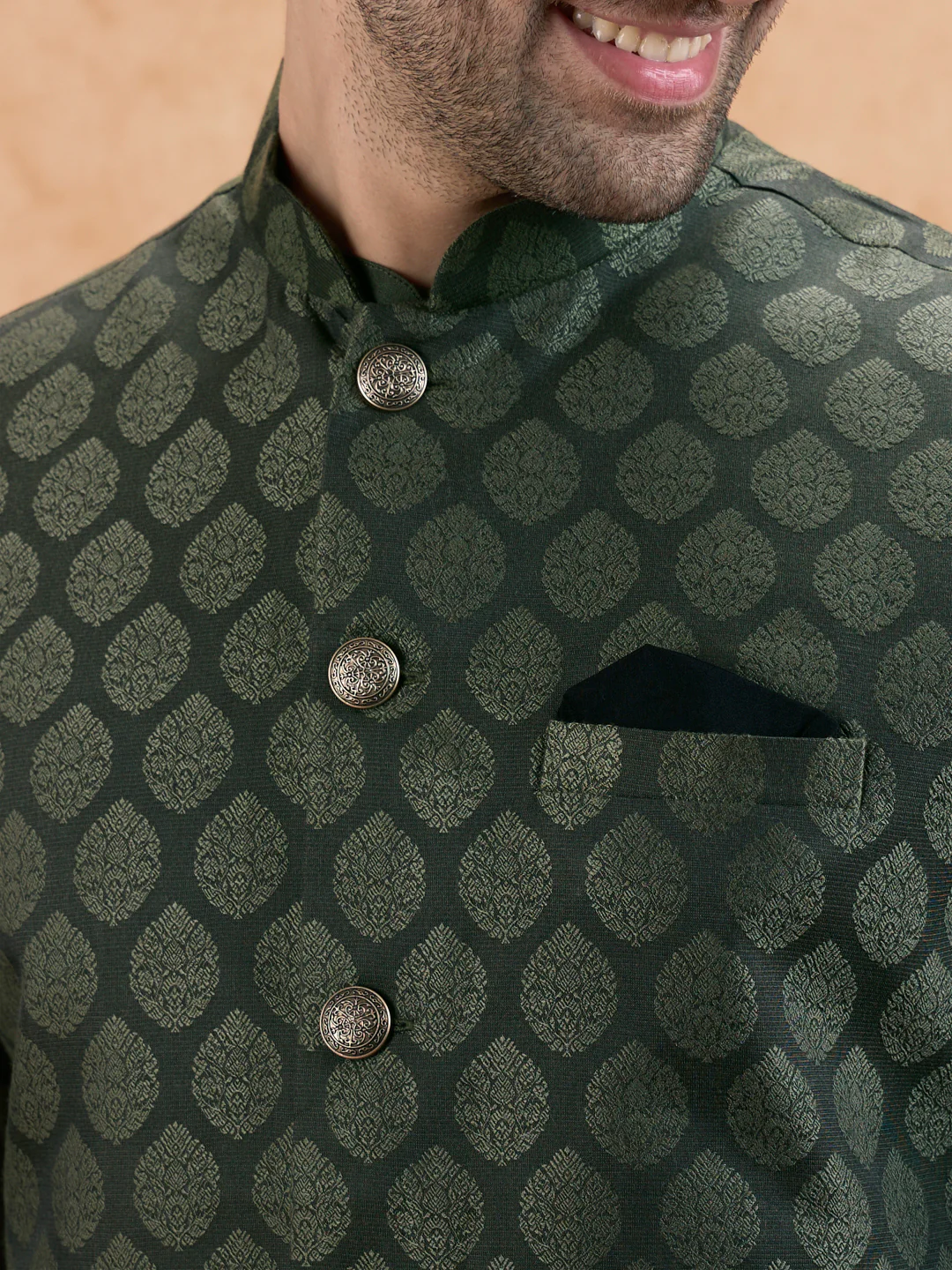 Bottle Green Silk Blend Textured Mid Kurta Jacket Trouser Set - Image 5