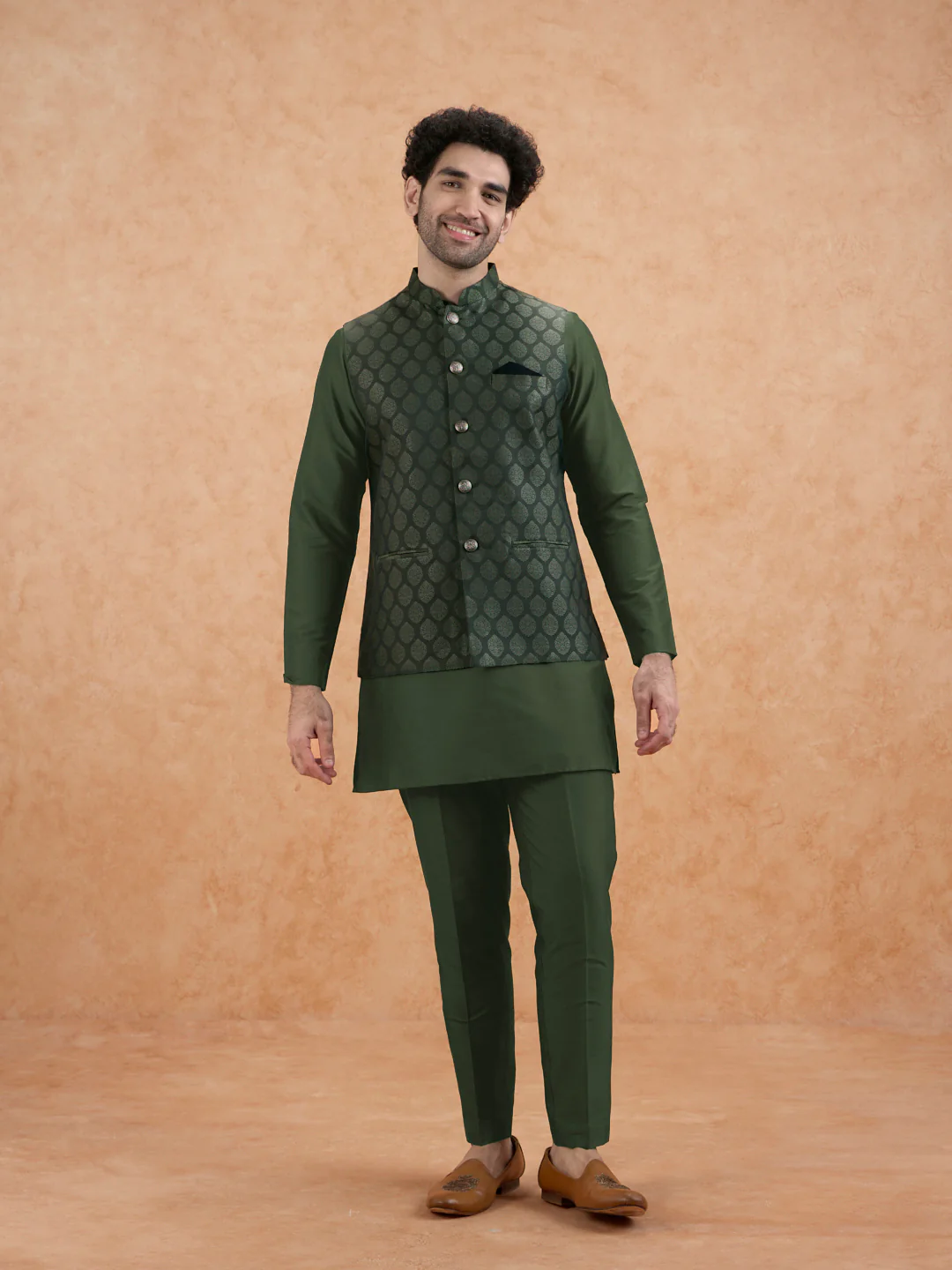 Bottle Green Silk Blend Textured Mid Kurta Jacket Trouser Set - Image 8