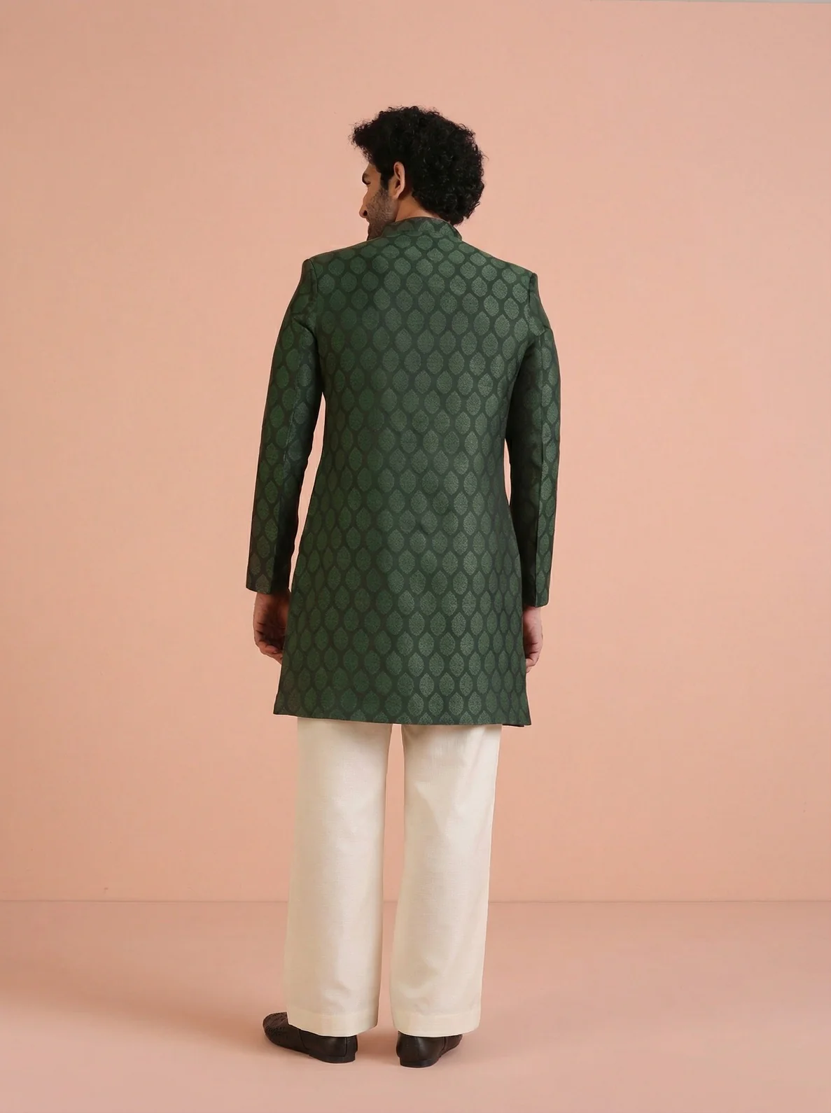 Bottle Green Silk Blend Textured Sherwani Wide Leg Trouser Set - Image 3