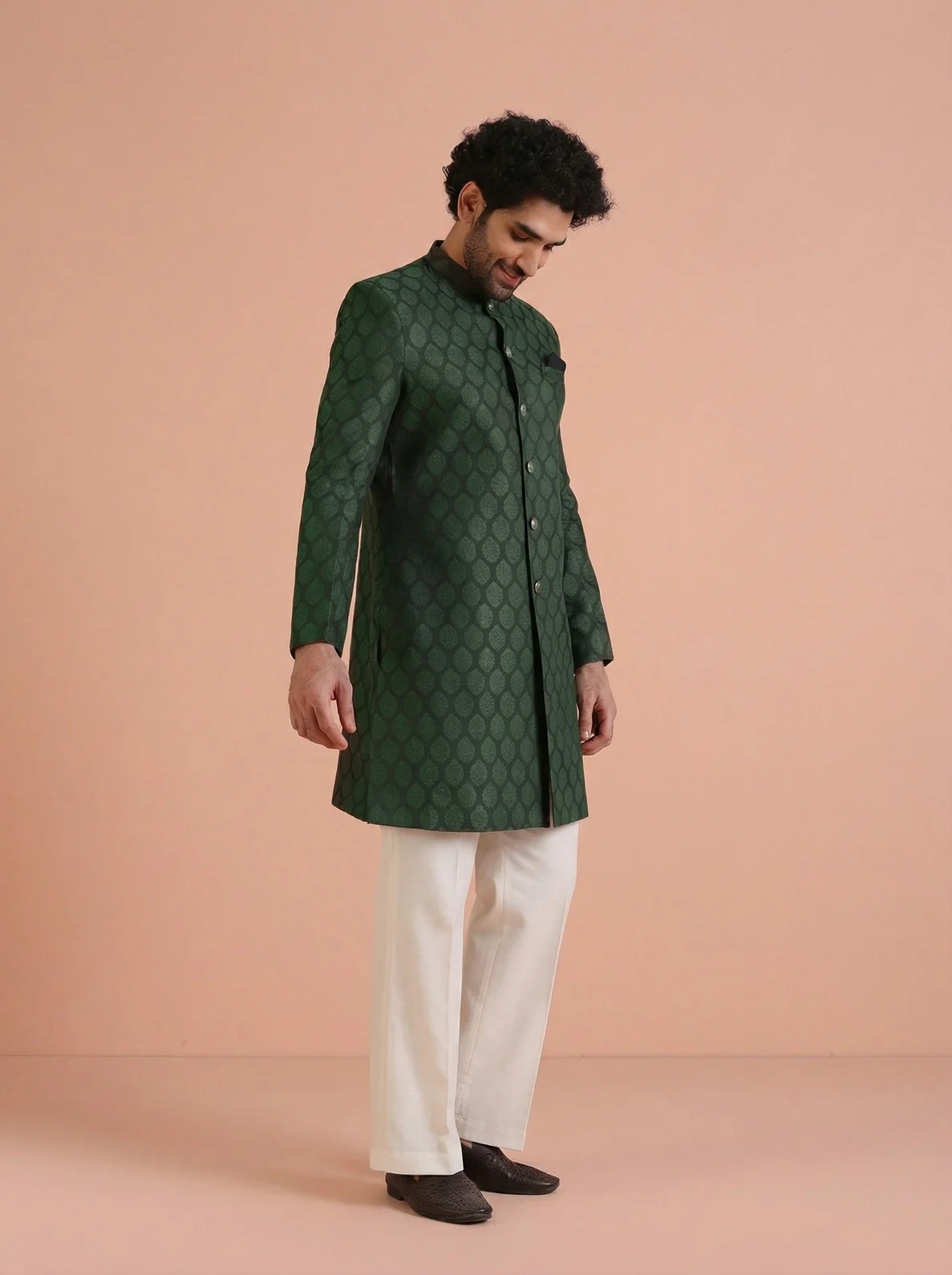 Bottle Green Silk Blend Textured Sherwani Wide Leg Trouser Set - Image 7