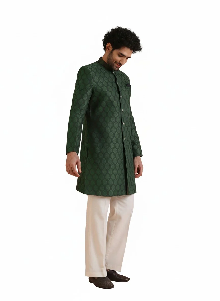 Bottle Green Silk Blend Textured Sherwani Wide Leg Trouser Set - Image 8