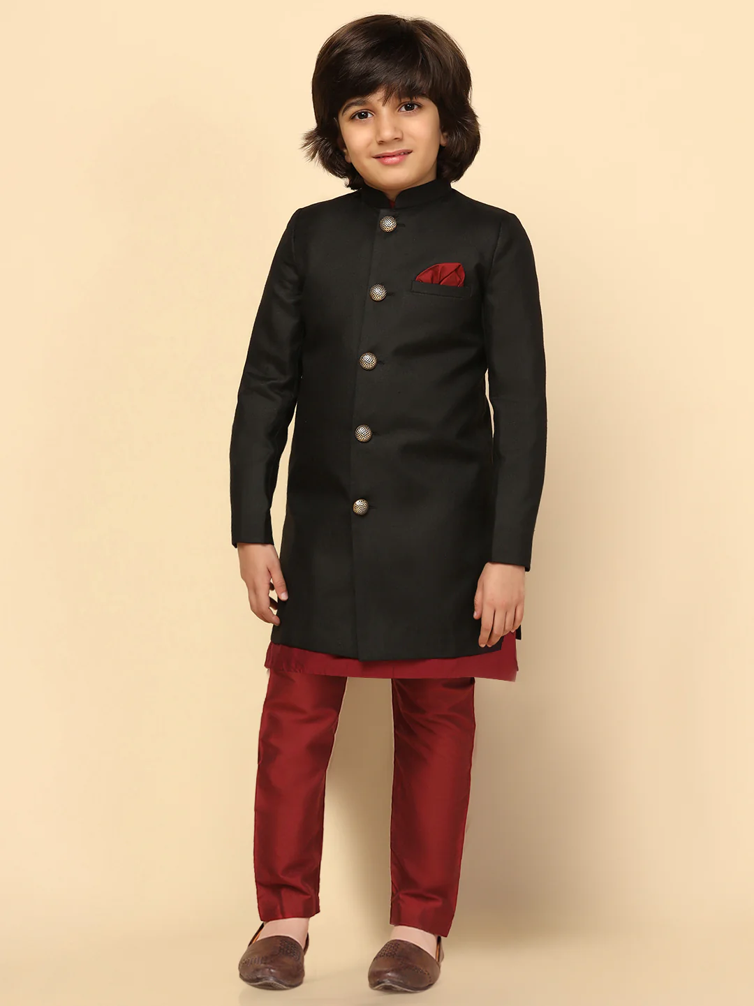 Boy's Black Cotton Blend Solid Dyed Kurta Sherwani Pyjama Set - Image 7