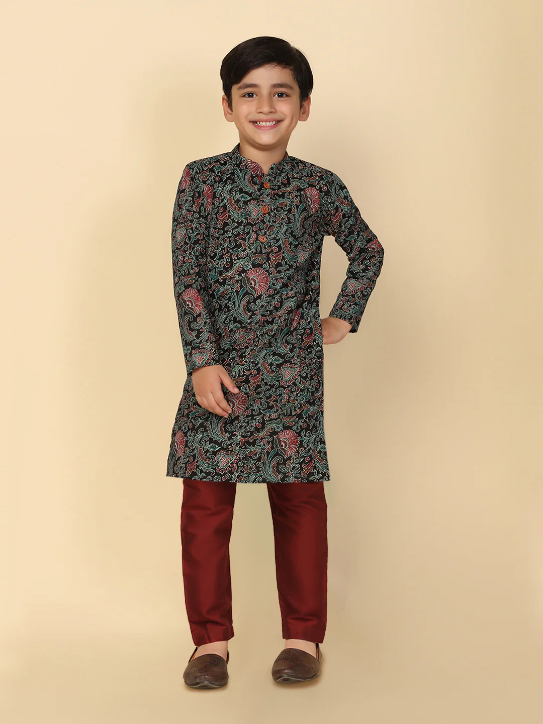 Boy's Multicolour Cotton Blend Printed Kurta Pyjama Set - Image 2