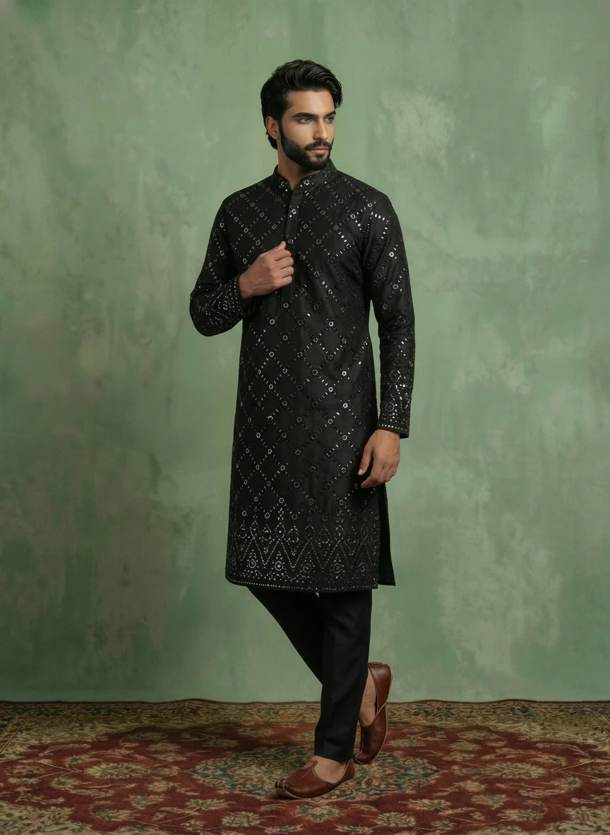 Charcoal Black Cotton Blend Embellished Kurta Trouser Set