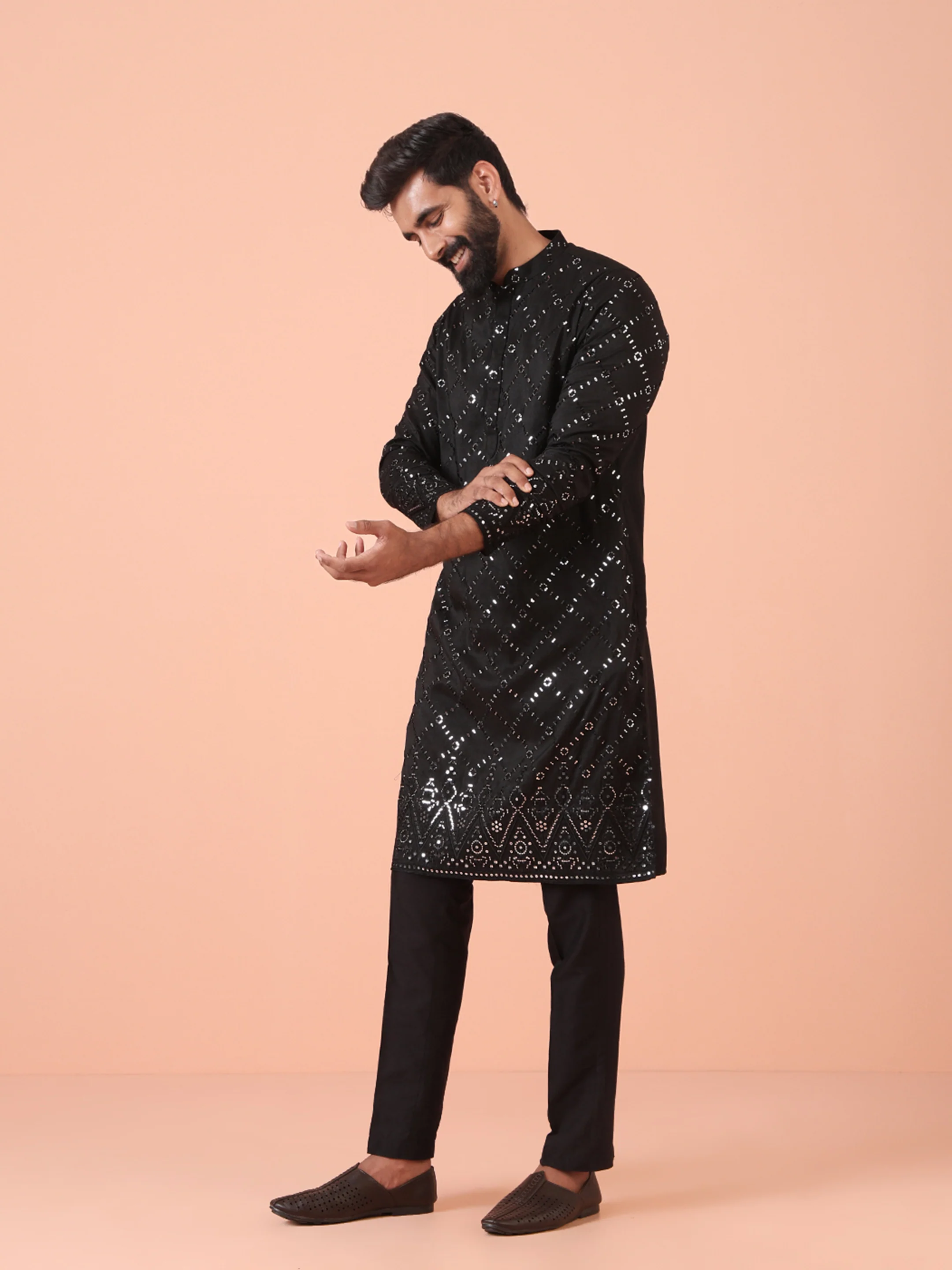 Charcoal Black Cotton Blend Embellished Kurta Trouser Set - Image 7