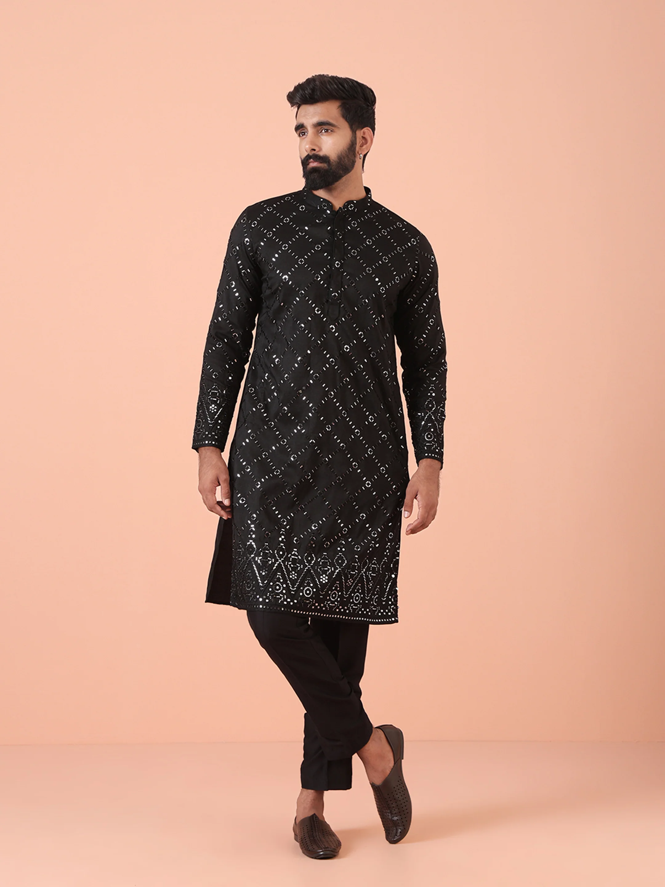 Charcoal Black Cotton Blend Embellished Kurta Trouser Set - Image 8
