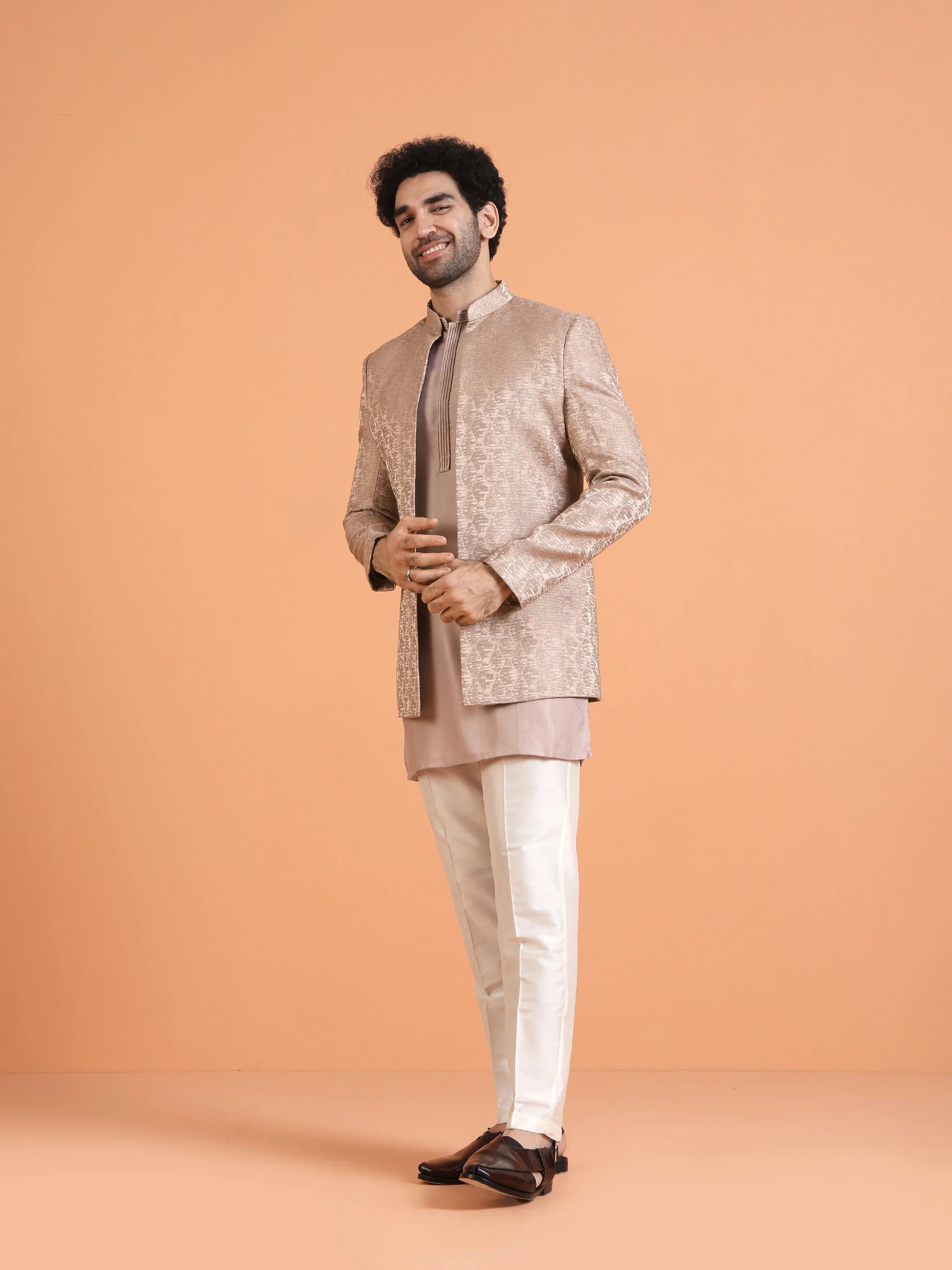 Beige Silk Blend Woven Front Open Sherwani Set - Image 2