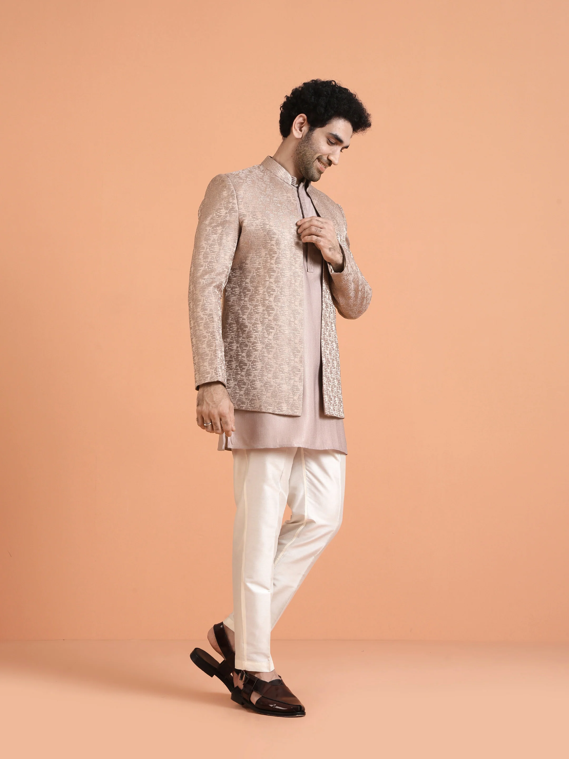 Beige Silk Blend Woven Front Open Sherwani Set - Image 3