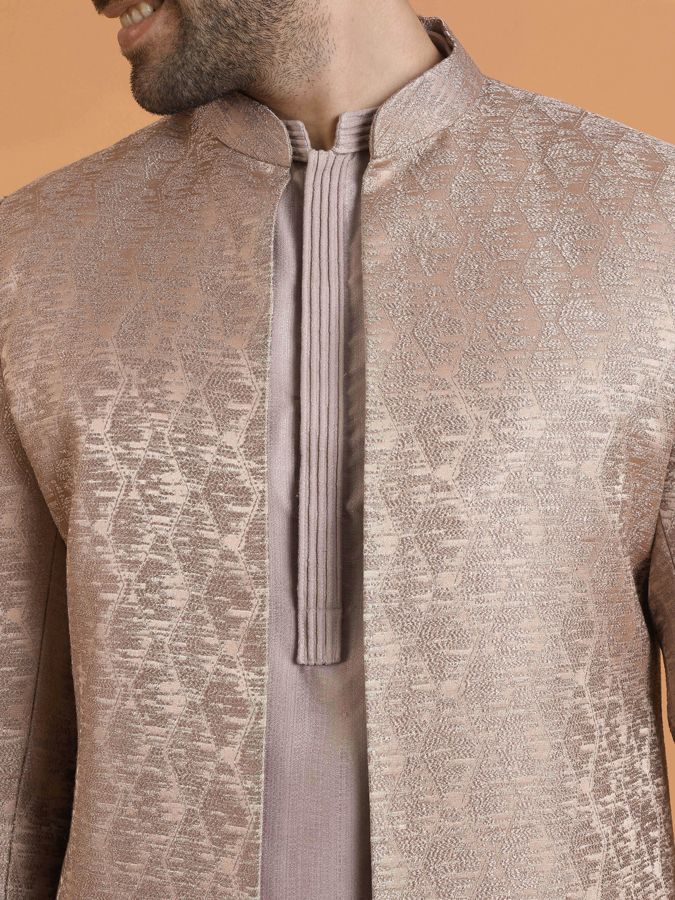 Beige Silk Blend Woven Front Open Sherwani Set - Image 5