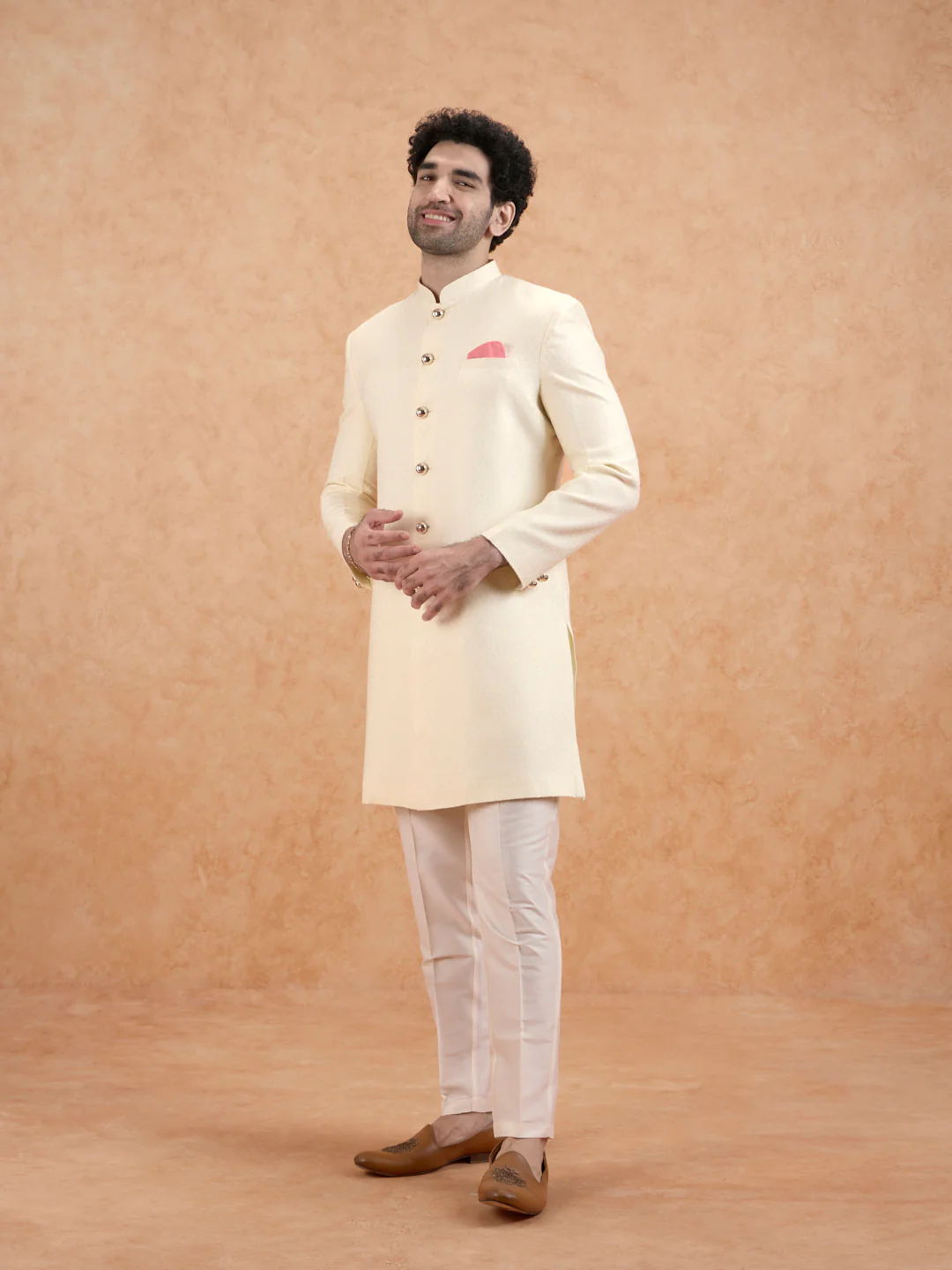 Cream Brocade Sherwani Set - Image 2