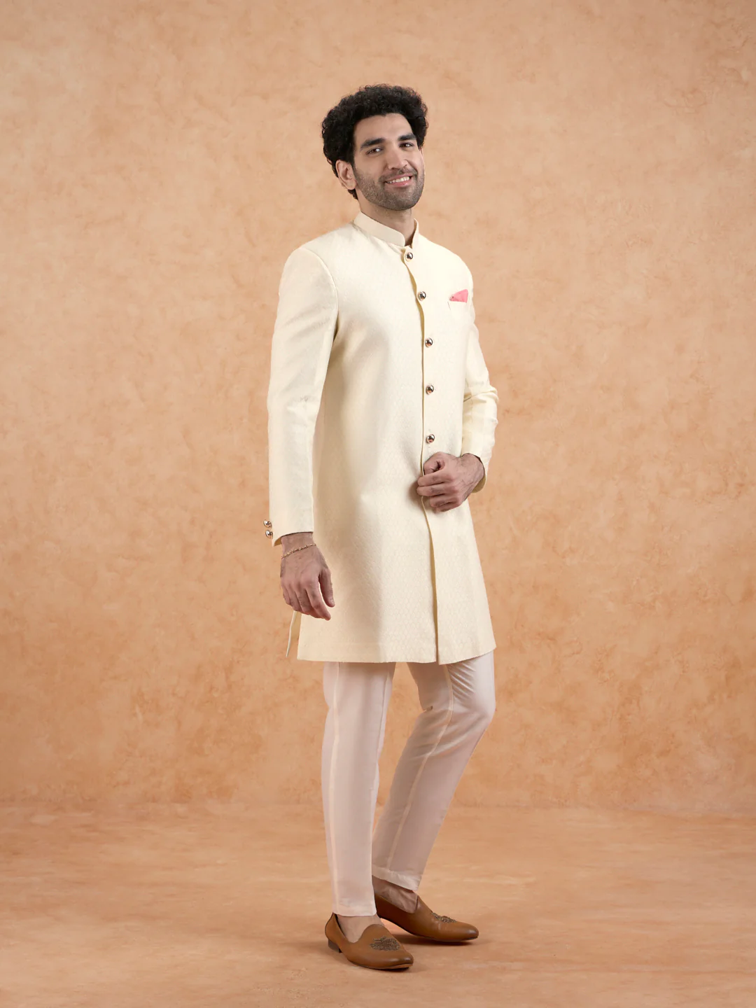 Cream Brocade Sherwani Set - Image 3