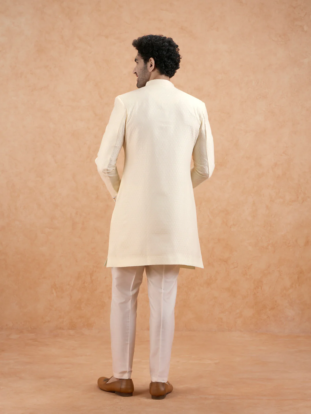 Cream Brocade Sherwani Set - Image 4