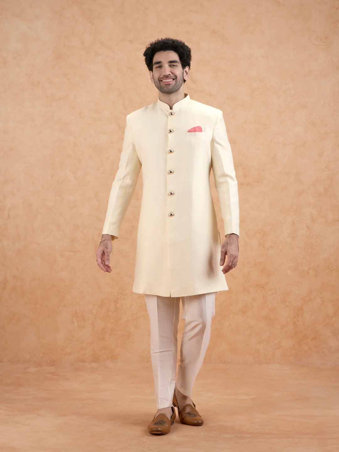 Cream Brocade Sherwani Set - Image 7