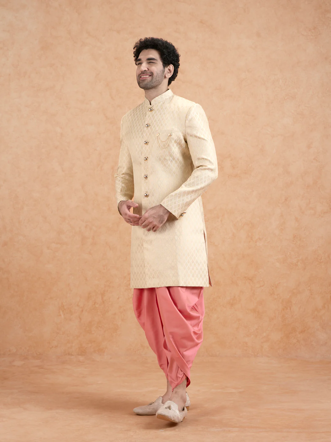 Cream Brocade Sherwani with Pink Dhoti - Image 2