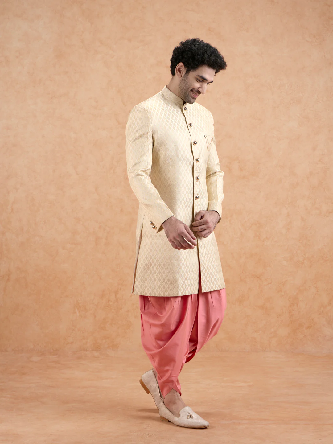 Cream Brocade Sherwani with Pink Dhoti - Image 3