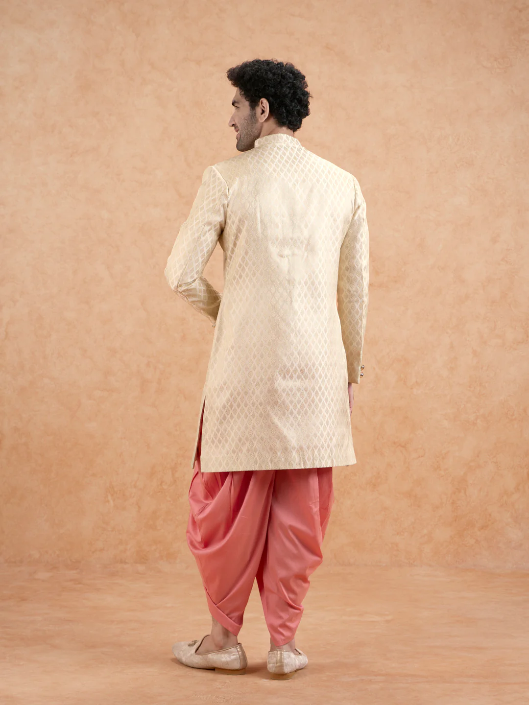 Cream Brocade Sherwani with Pink Dhoti - Image 4