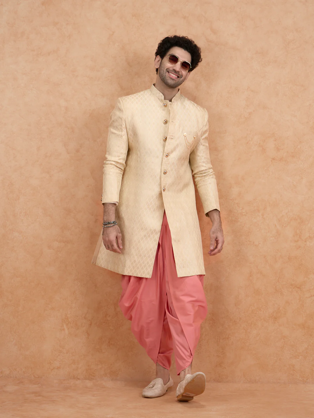 Cream Brocade Sherwani with Pink Dhoti - Image 7