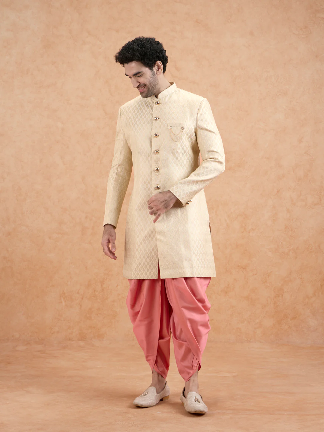 Cream Brocade Sherwani with Pink Dhoti - Image 8
