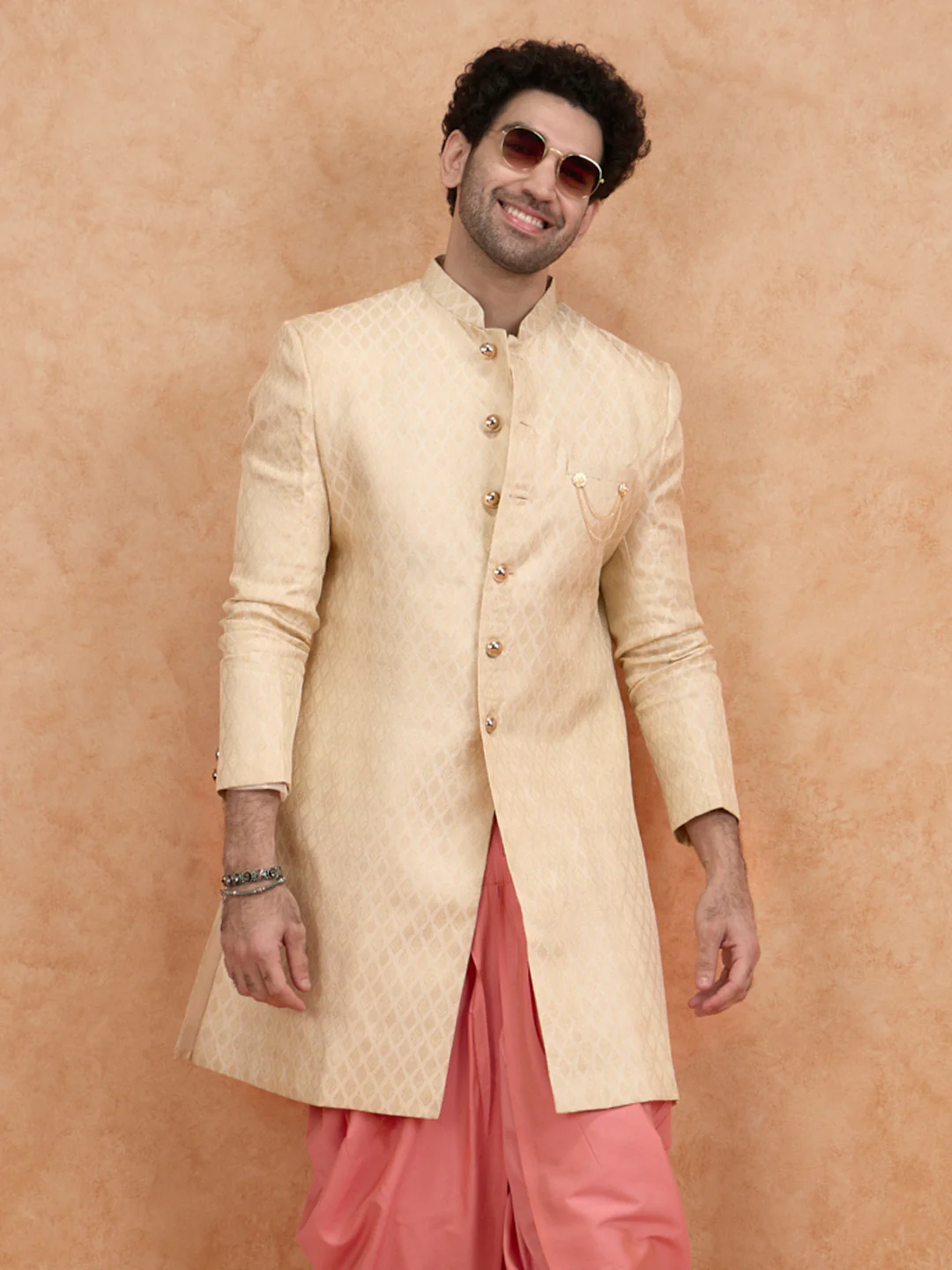 Cream Brocade Sherwani with Pink Dhoti - Image 9