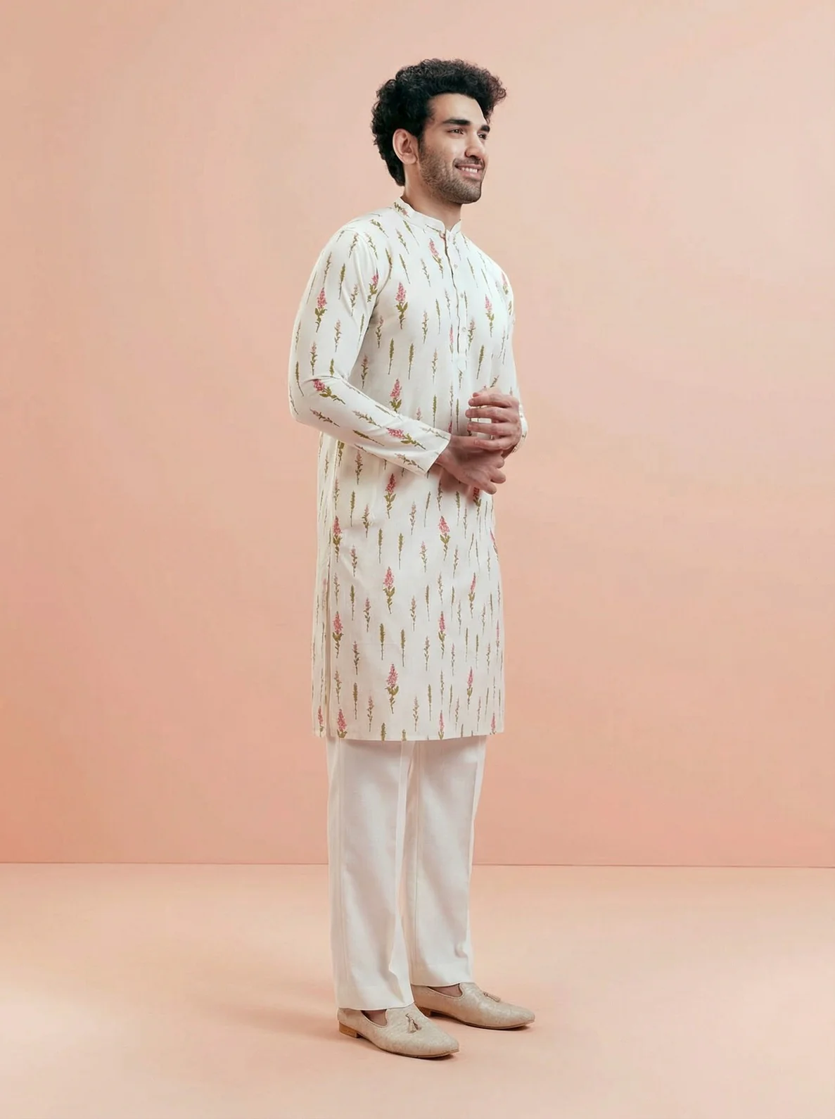 Cream Cotton Blend Printed Kurta Wide Leg Trouser Set - Image 2