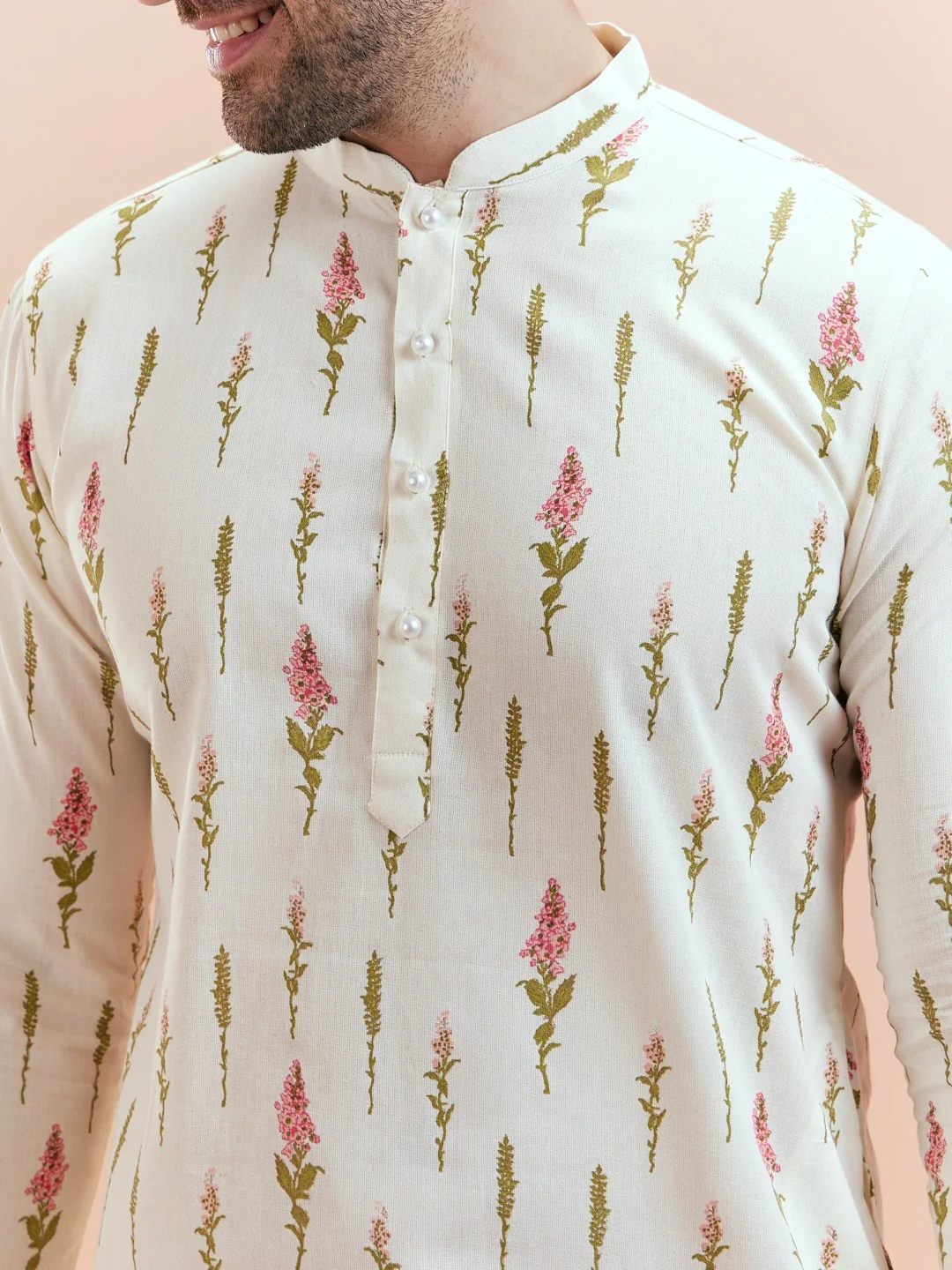 Cream Cotton Blend Printed Kurta Wide Leg Trouser Set - Image 4