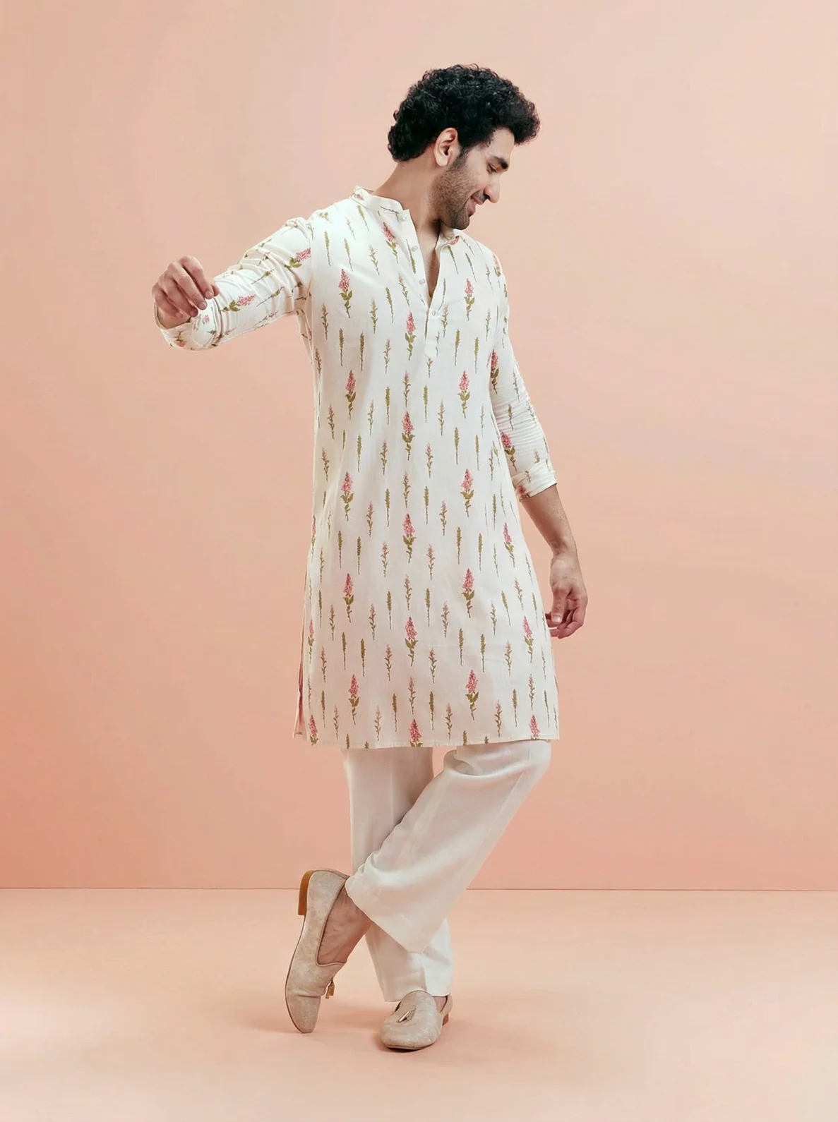 Cream Cotton Blend Printed Kurta Wide Leg Trouser Set - Image 7