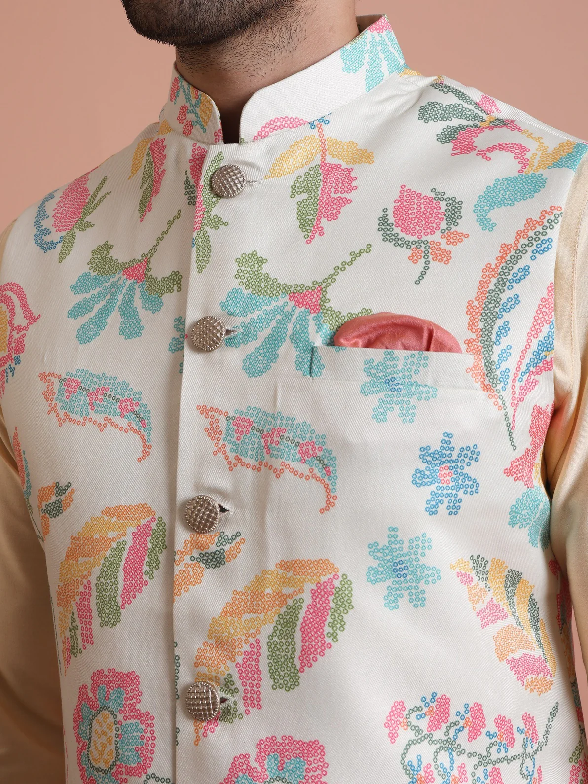 Cream Cotton Blend Printed Mid Kurta Jacket Wide Leg Trouser Set - Image 4
