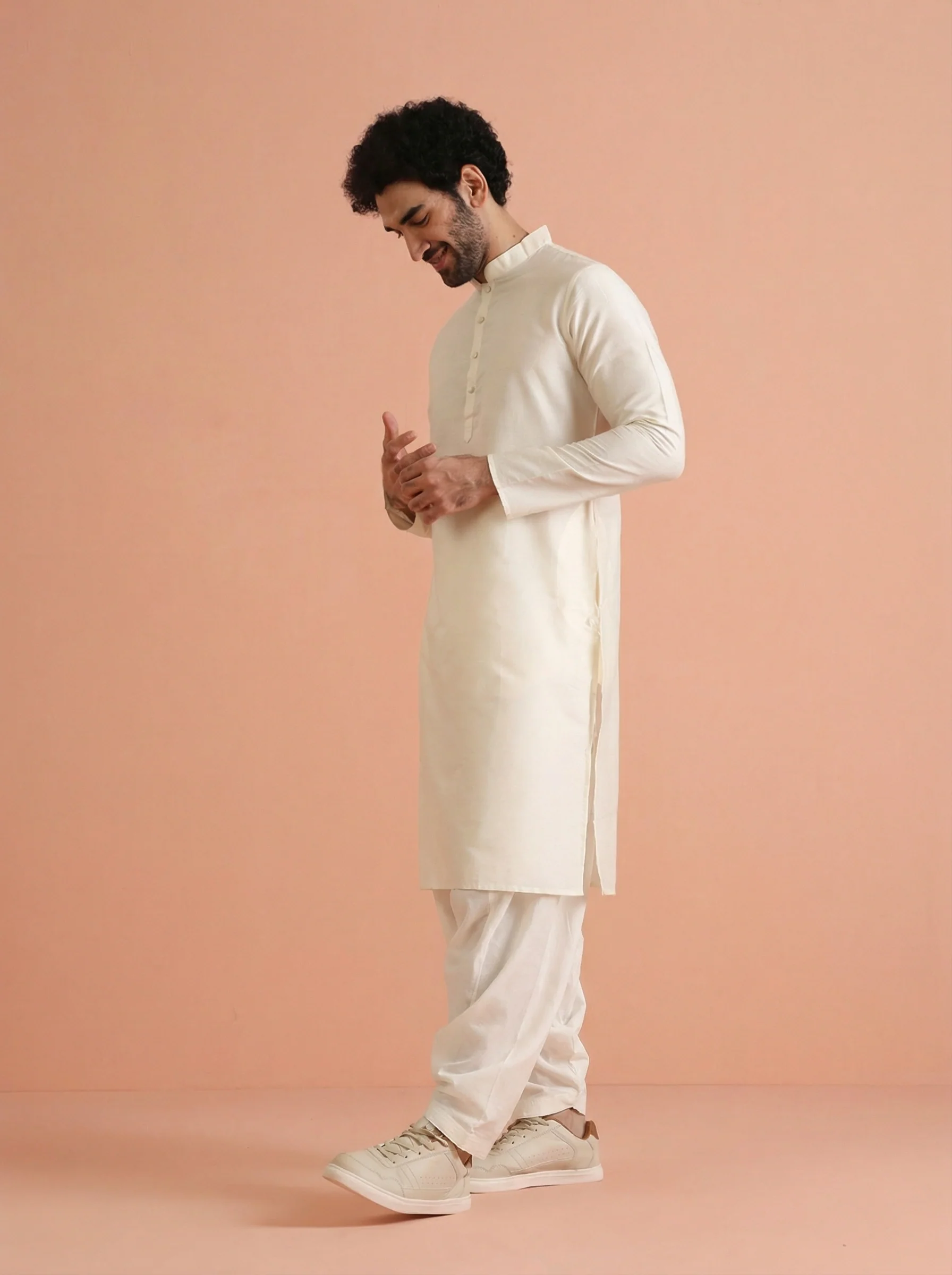 Cream Cotton Blend Solid Kurta Patiyala Set - Image 2