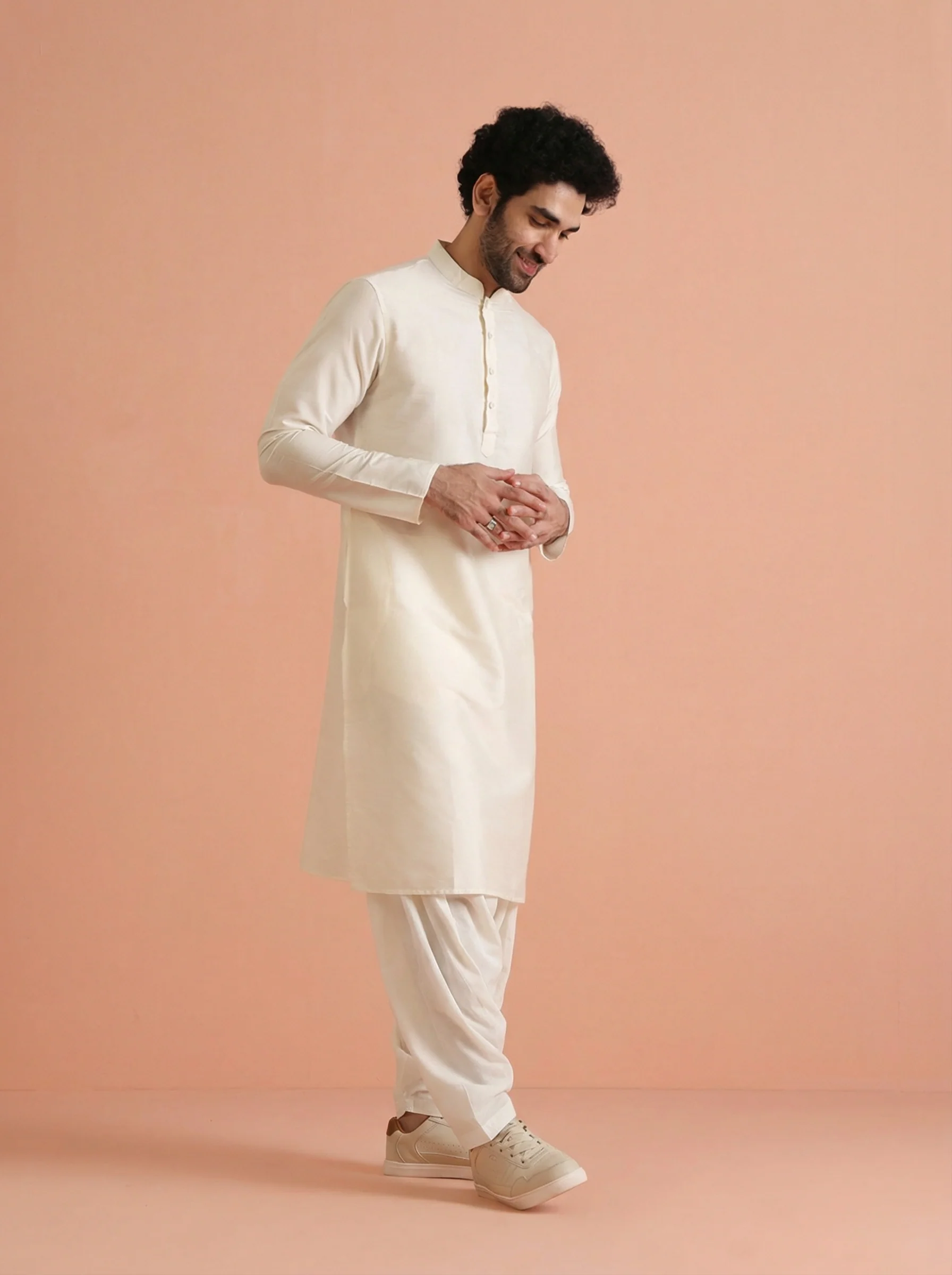 Cream Cotton Blend Solid Kurta Patiyala Set - Image 3