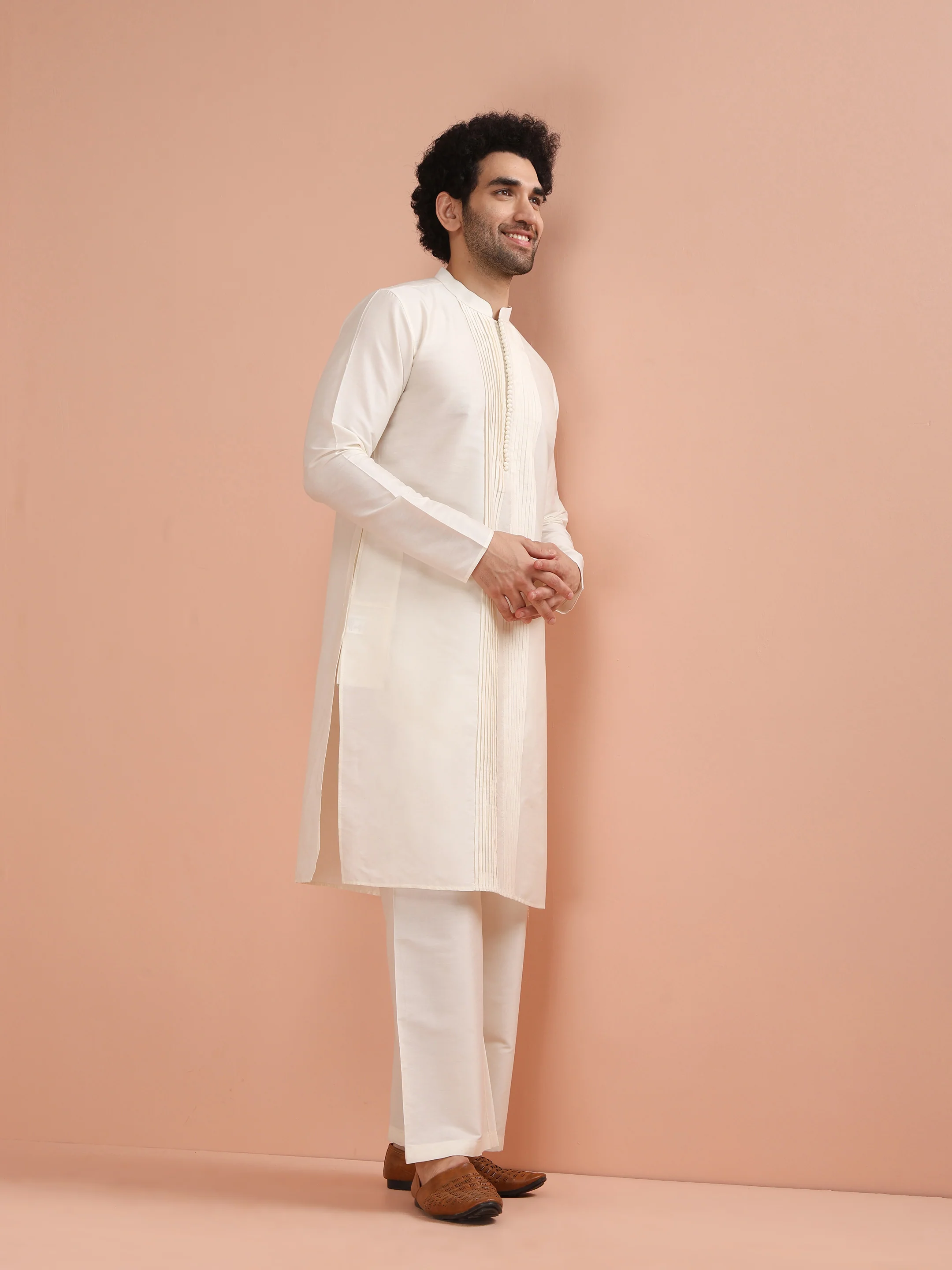 Cream Cotton Blend Solid Kurta Wide Leg Pant Set - Image 3