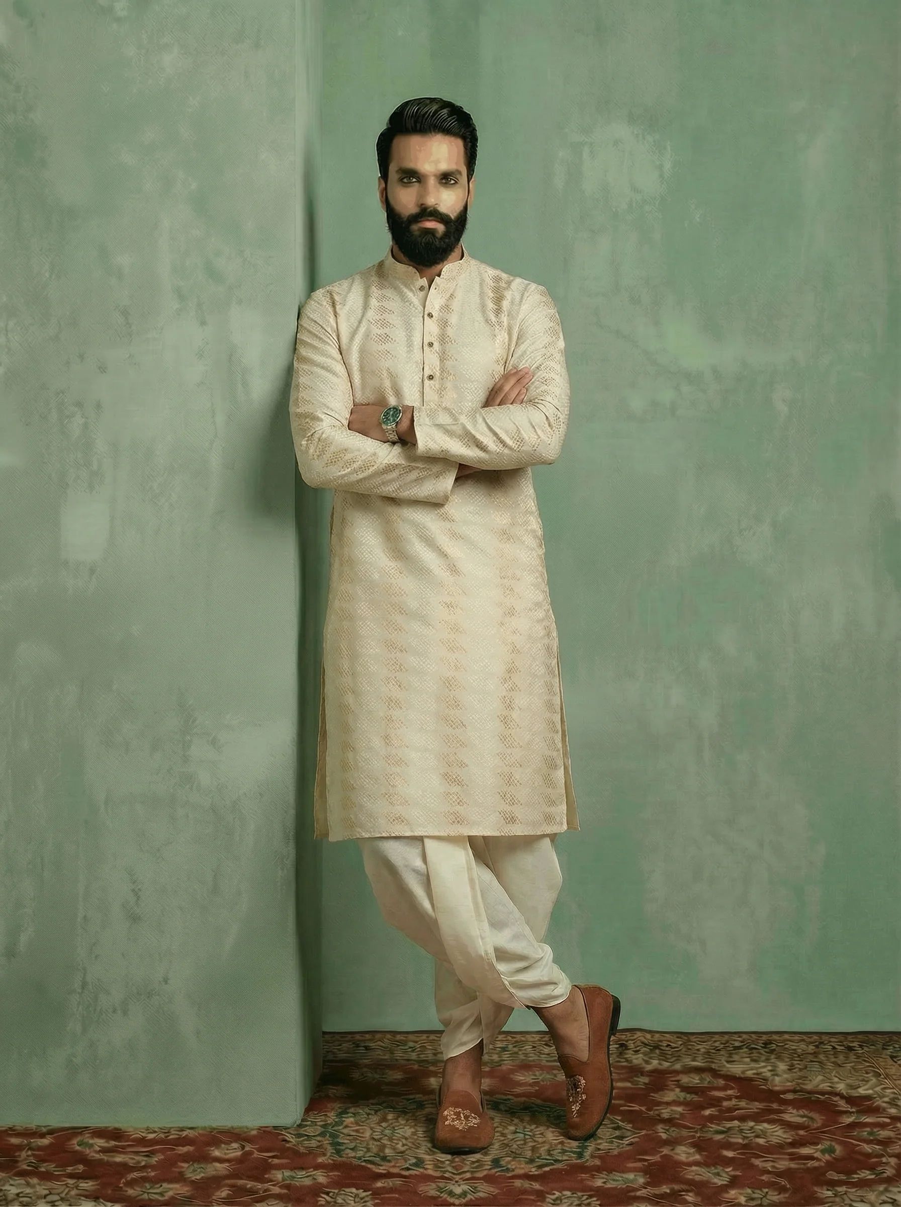 Cream Cotton Blend Woven Design Long Kurta - Image 8