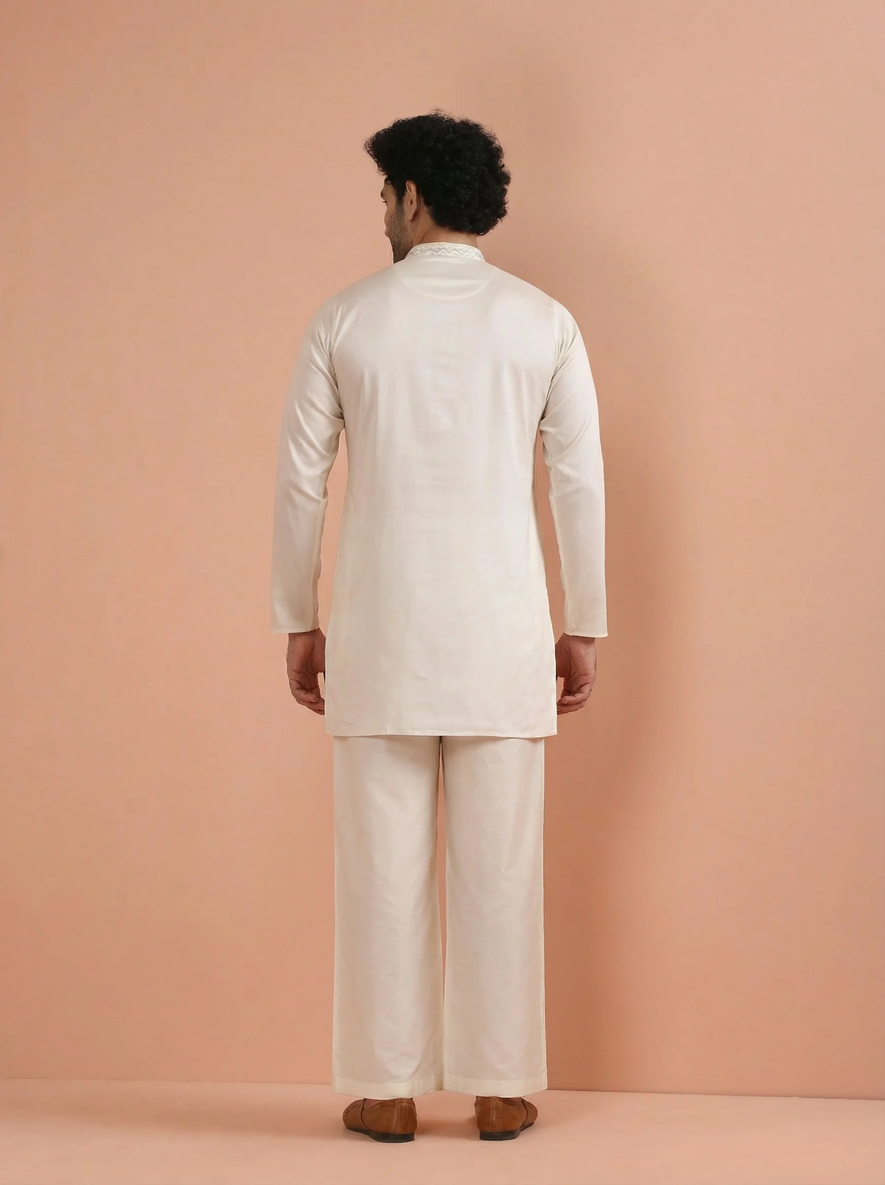 Cream Cotton Silk Embroidered Mid Kurta Wide Leg Pant Set - Image 3