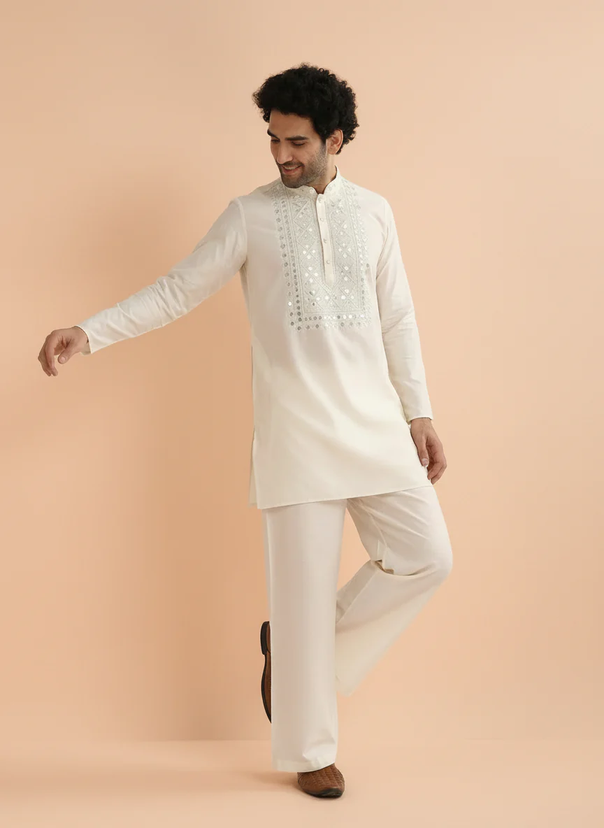 Cream Cotton Silk Embroidered Mid Kurta Wide Leg Pant Set - Image 6