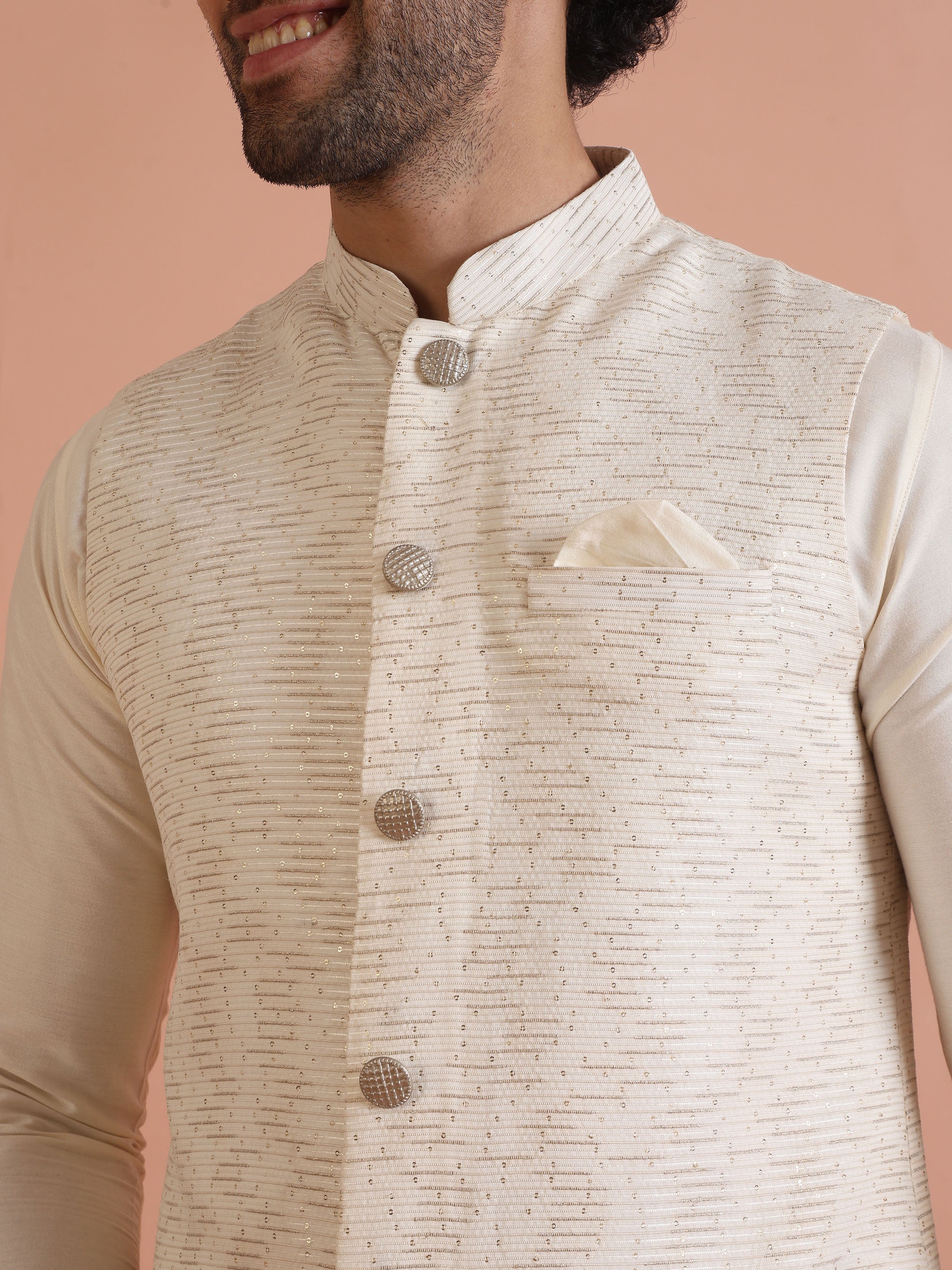 Cream Cotton Silk Textured Jacket - Image 5