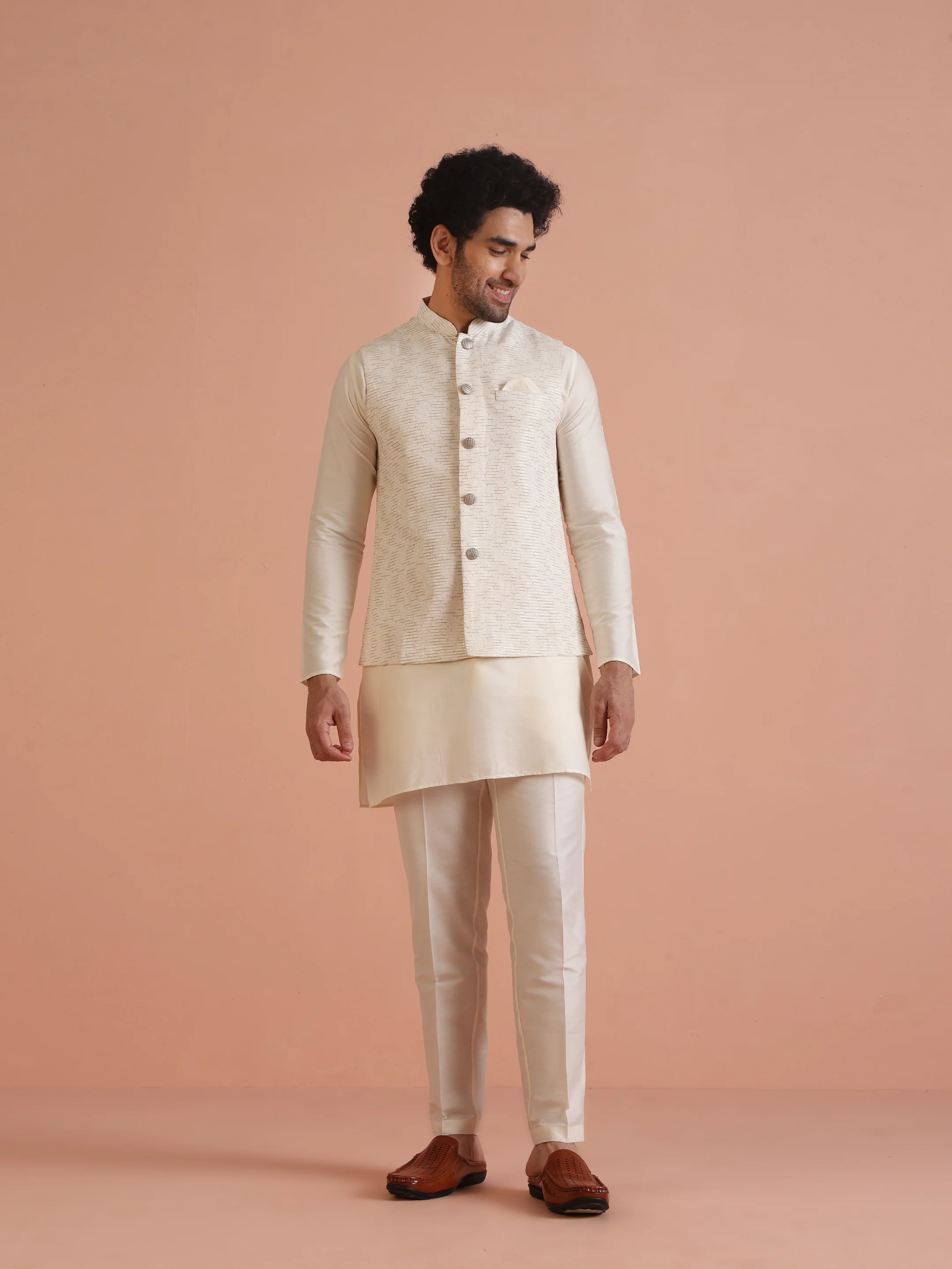 Cream Cotton Silk Textured Jacket - Image 6