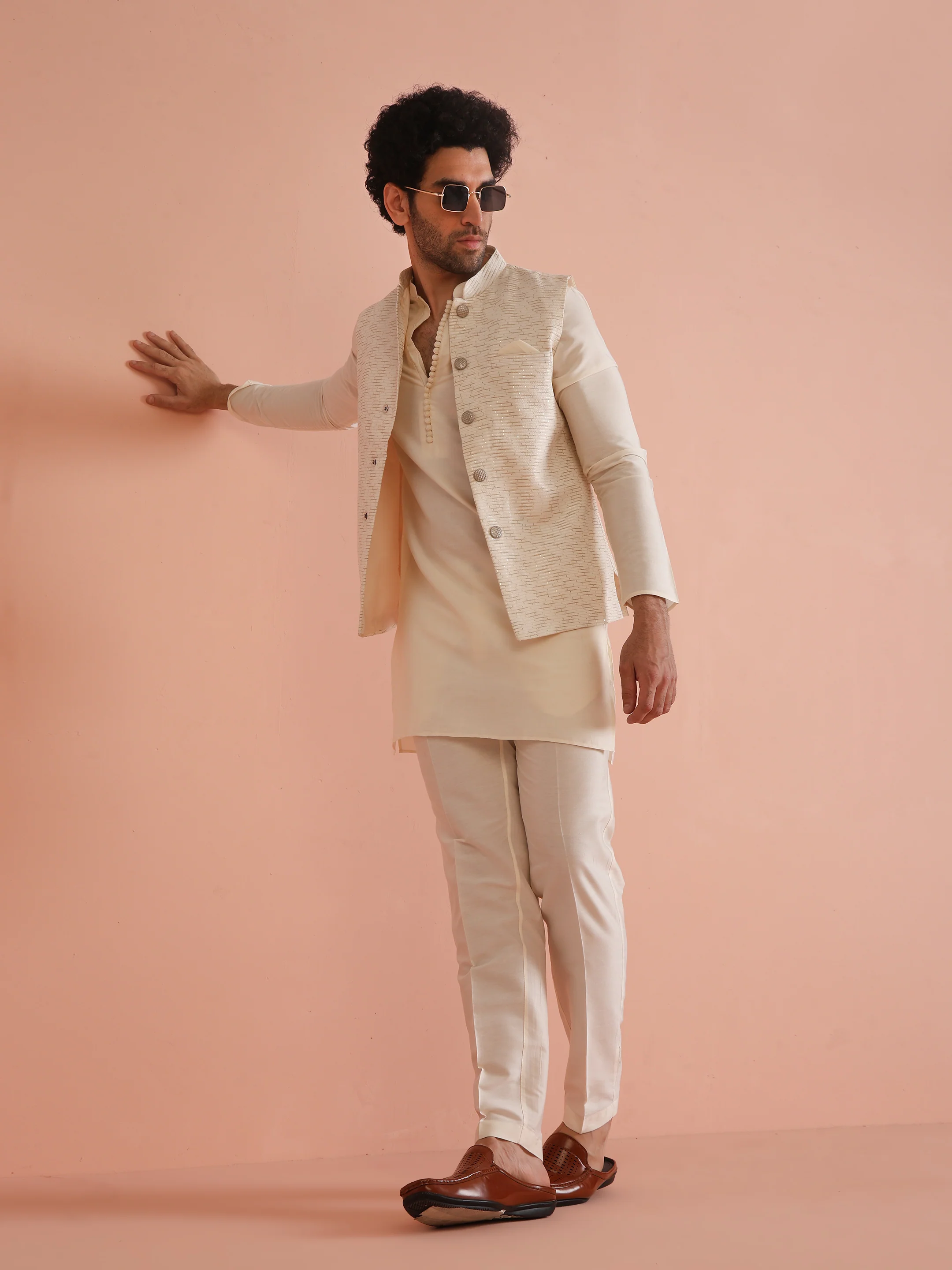 Cream Cotton Silk Textured Jacket - Image 7
