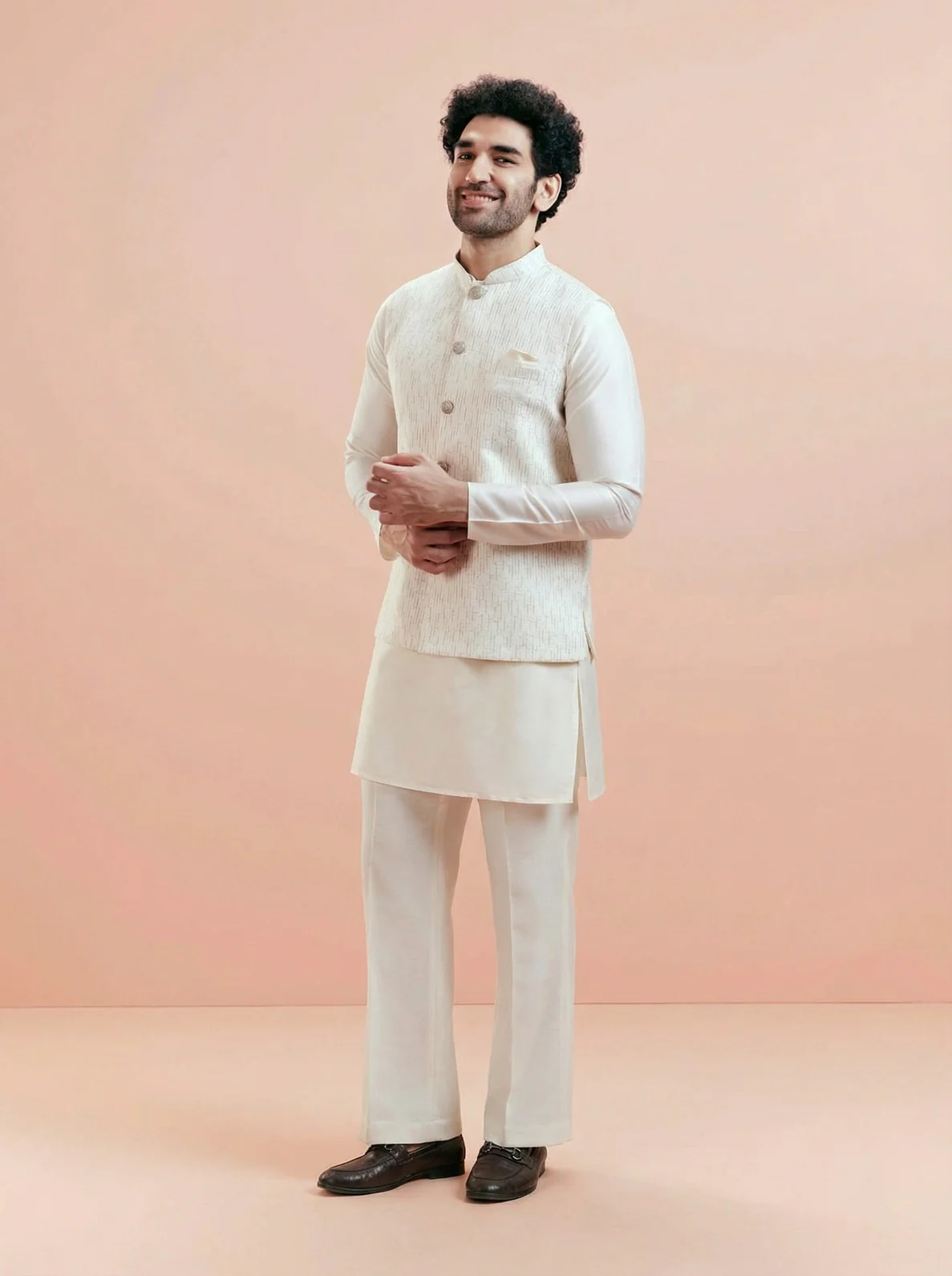 Cream Cotton Silk Textured Mid Kurta Jacket Wide Leg Trouser Set - Image 2