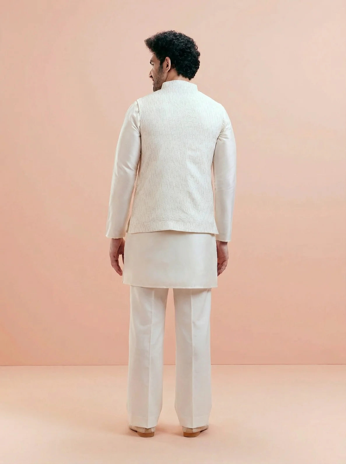 Cream Cotton Silk Textured Mid Kurta Jacket Wide Leg Trouser Set - Image 3