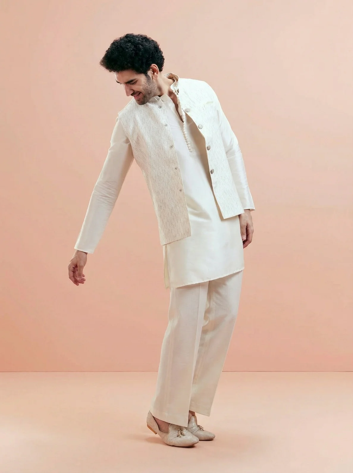 Cream Cotton Silk Textured Mid Kurta Jacket Wide Leg Trouser Set - Image 6