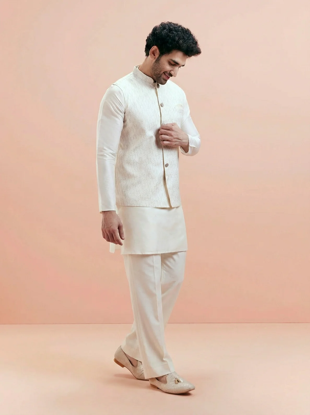 Cream Cotton Silk Textured Mid Kurta Jacket Wide Leg Trouser Set - Image 7