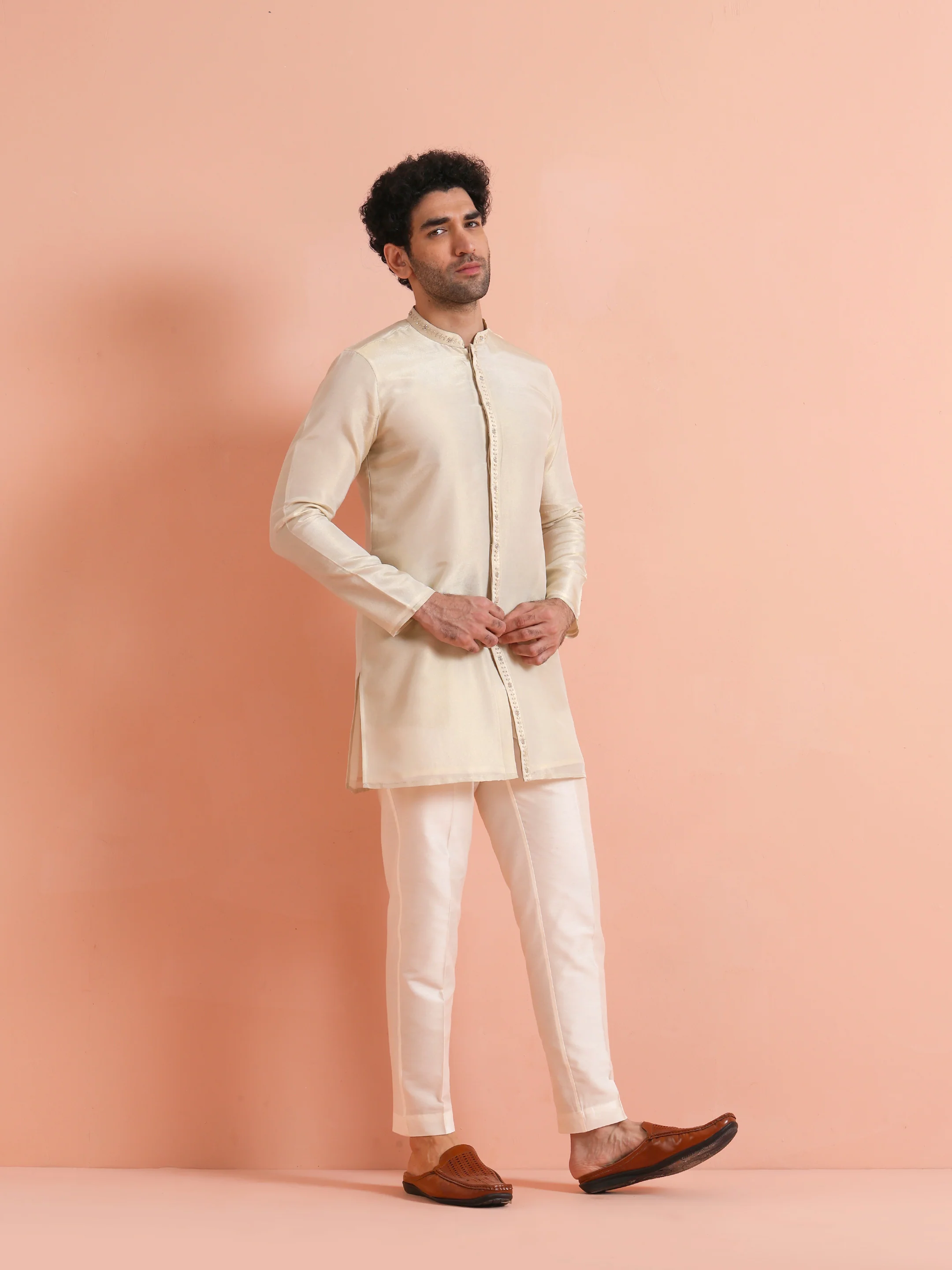 Cream Embroidered Cotton Kurta Trouser Set - Image 2