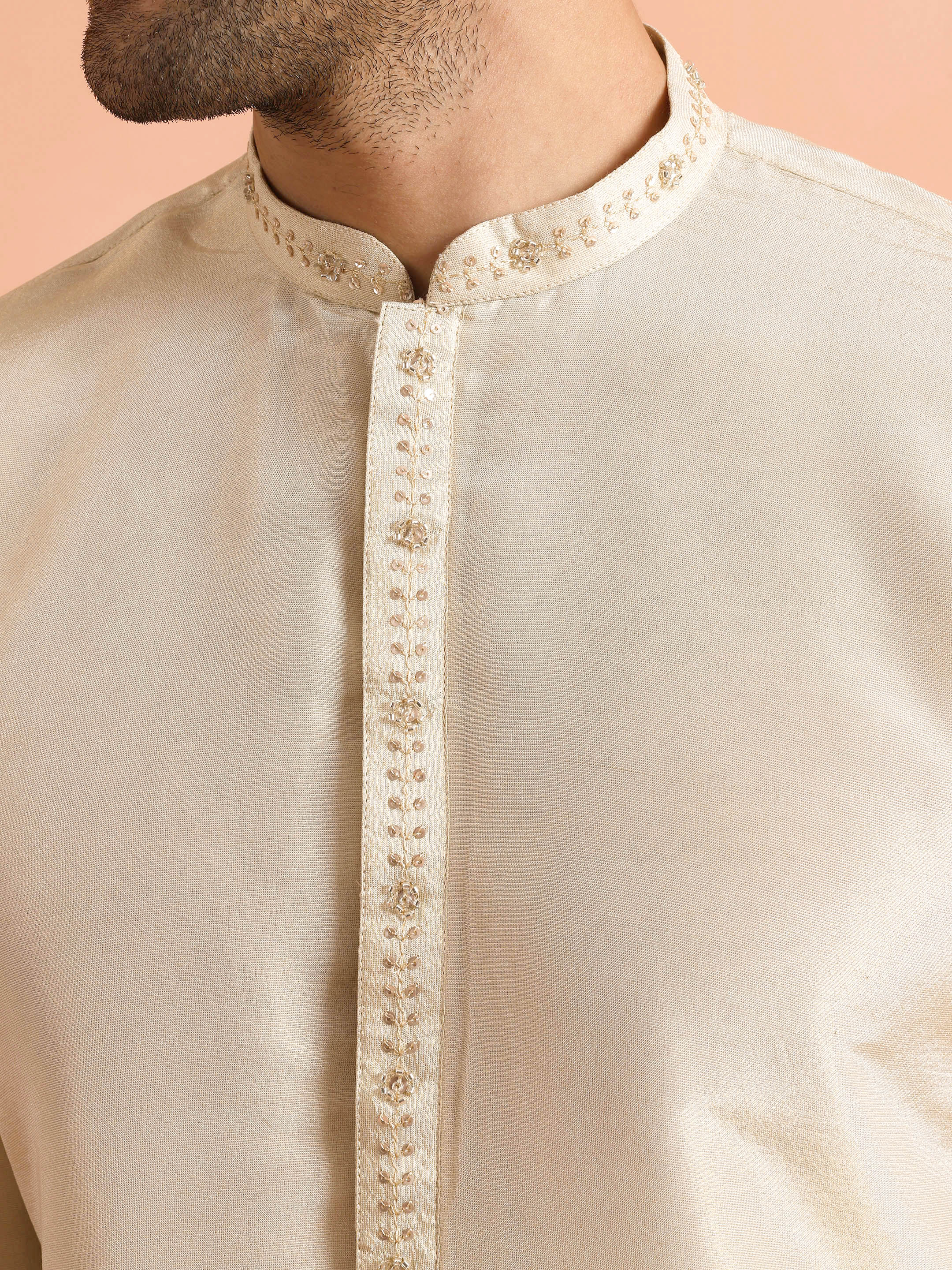 Cream Embroidered Cotton Kurta Trouser Set - Image 5