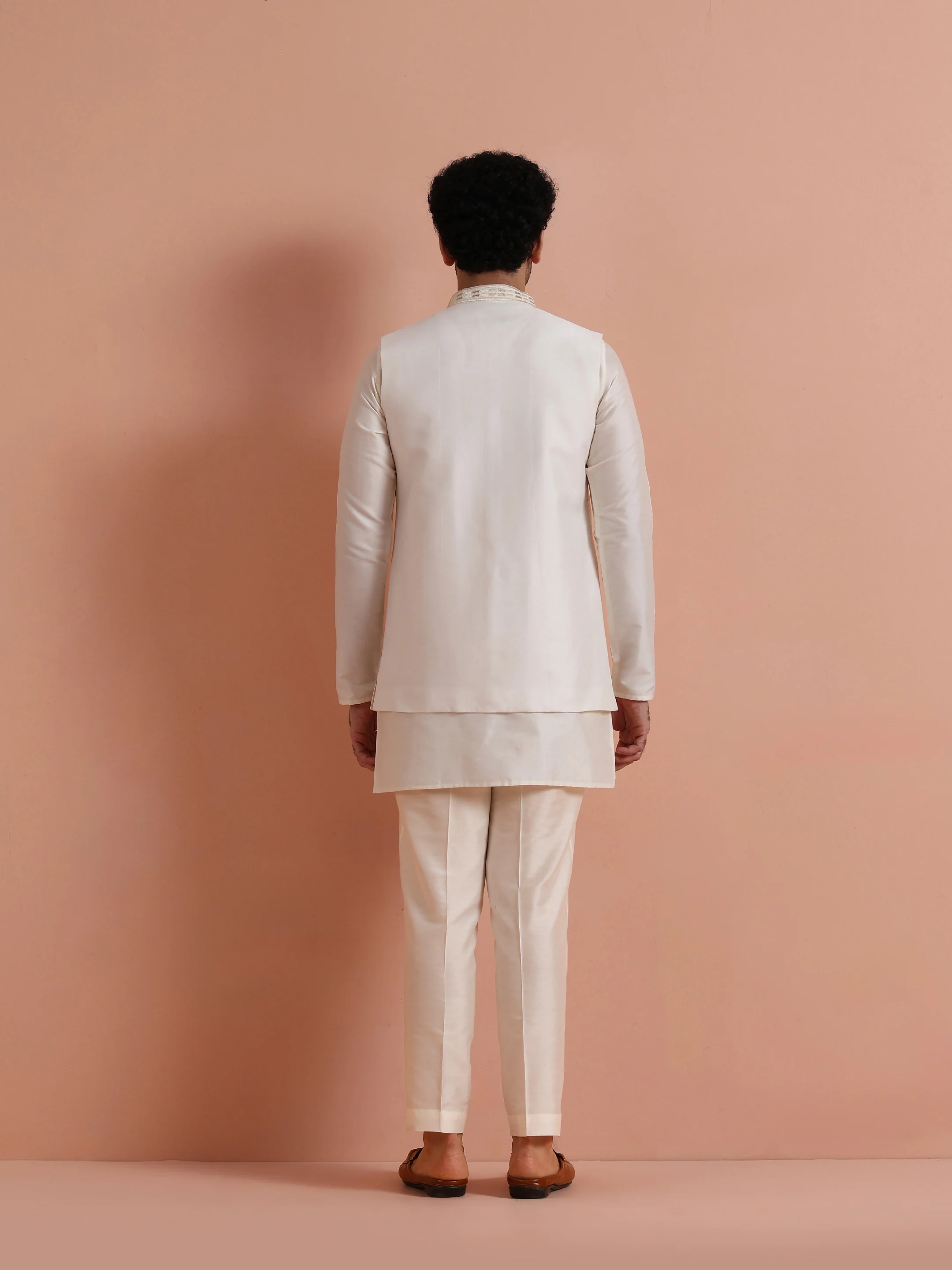 Cream Embroidered Jacket Kurta Set - Image 4