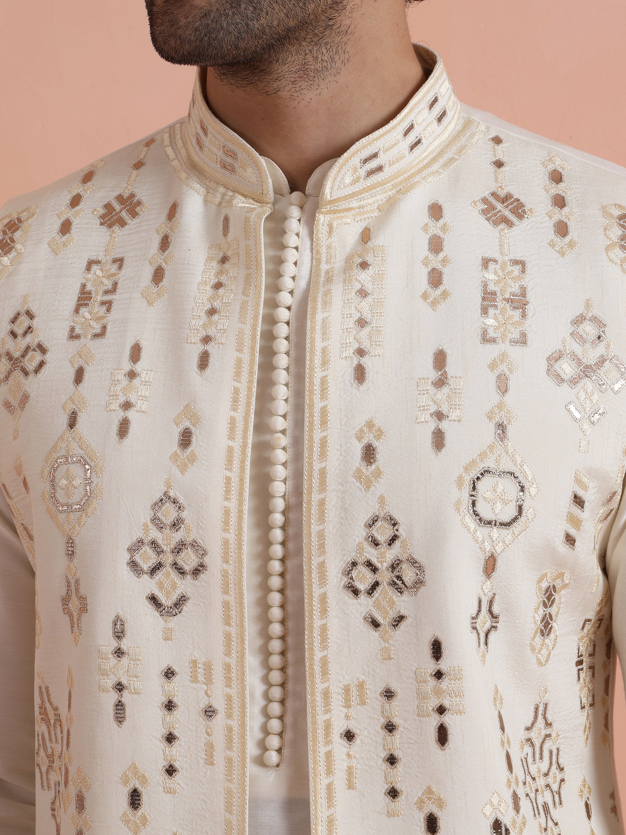 Cream Embroidered Jacket Kurta Set - Image 6