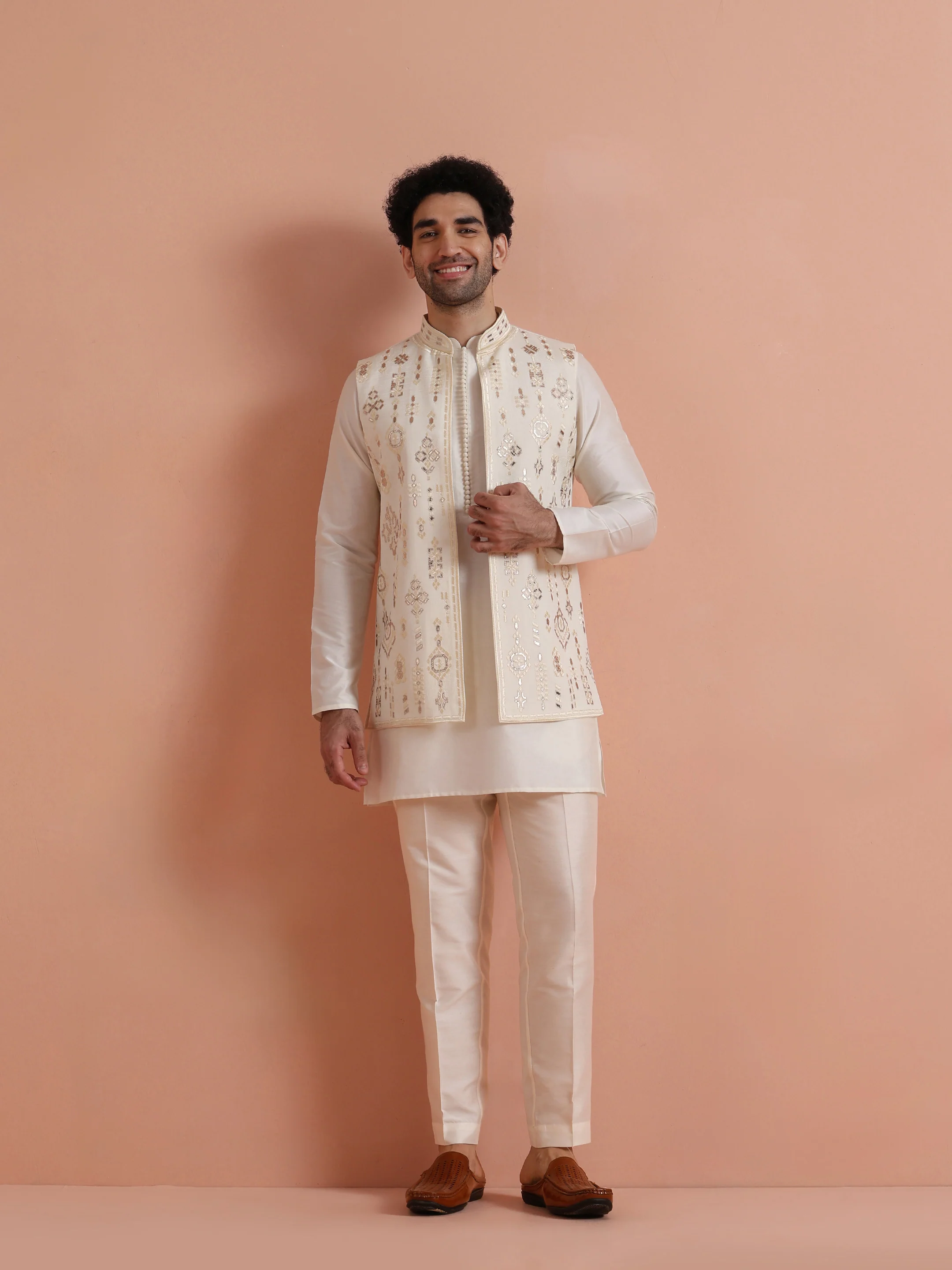 Cream Embroidered Jacket Kurta Set - Image 8
