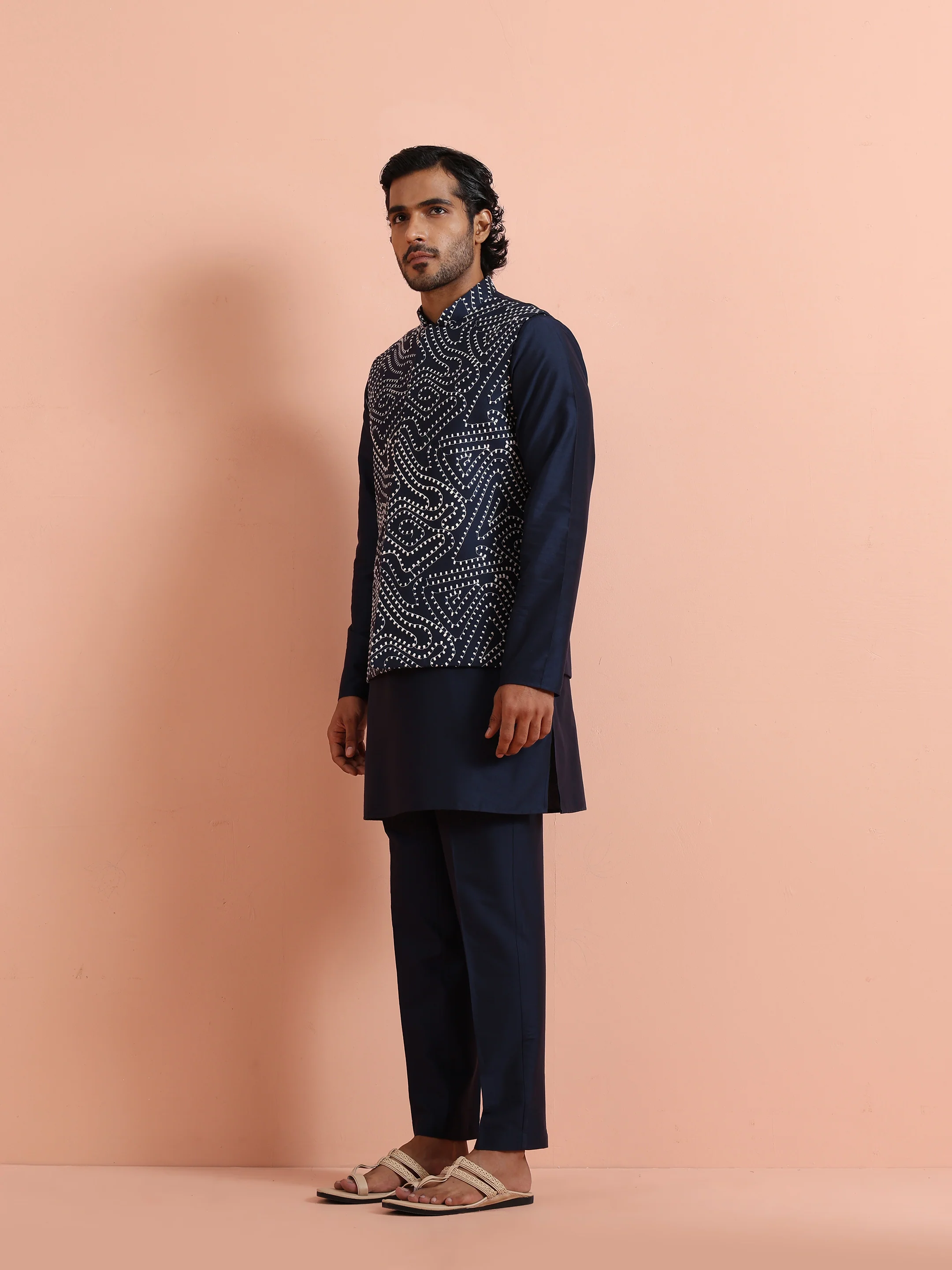 Blue Embroidered Mirror Work Mid Kurta Jacket Trouser Set - Image 3